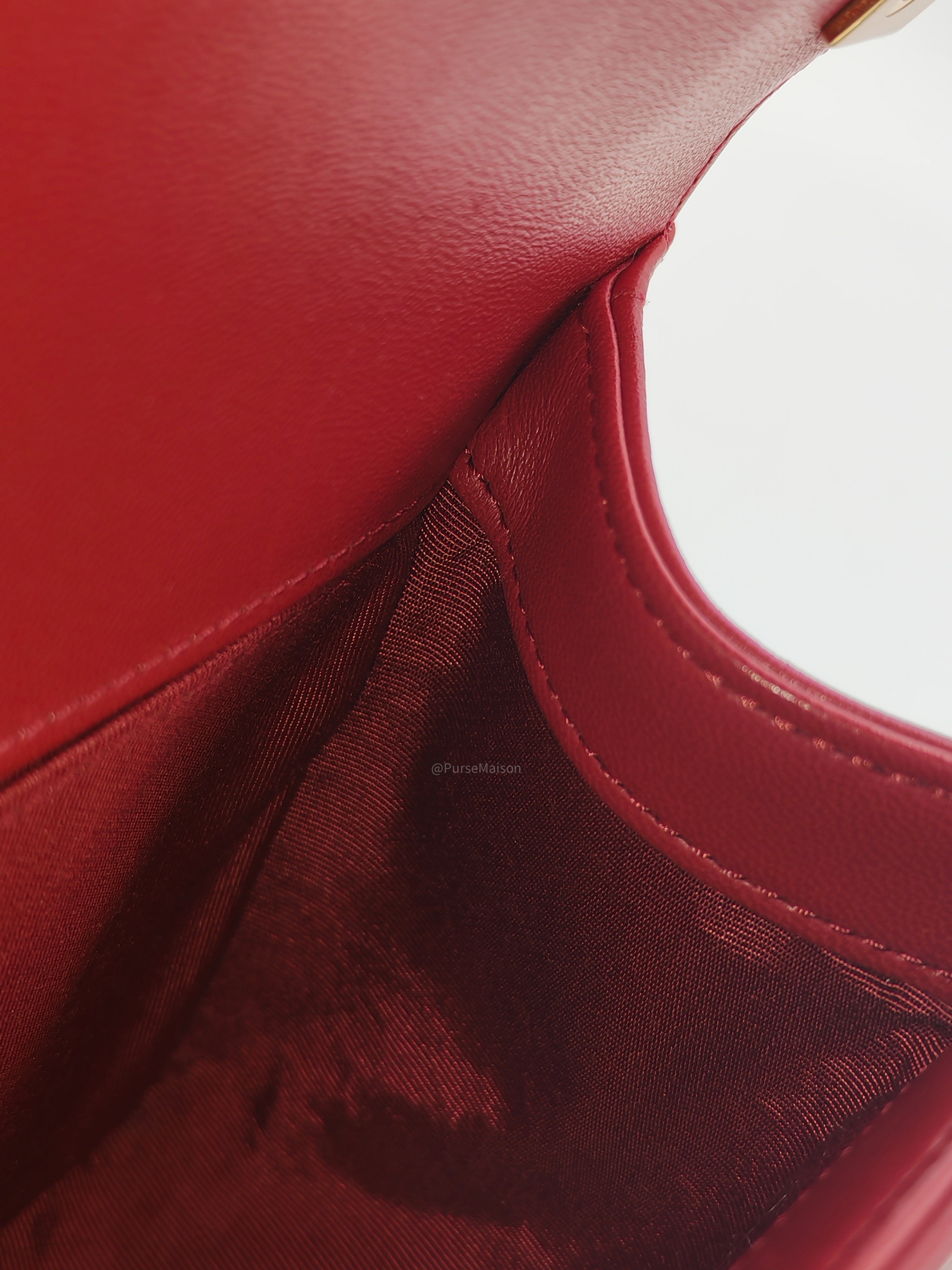 Chanel Le Boy Old Medium in Red Lambskin Leather in Red Aged Gold Hardware (Series 23) | Purse Maison Luxury Bags Shop