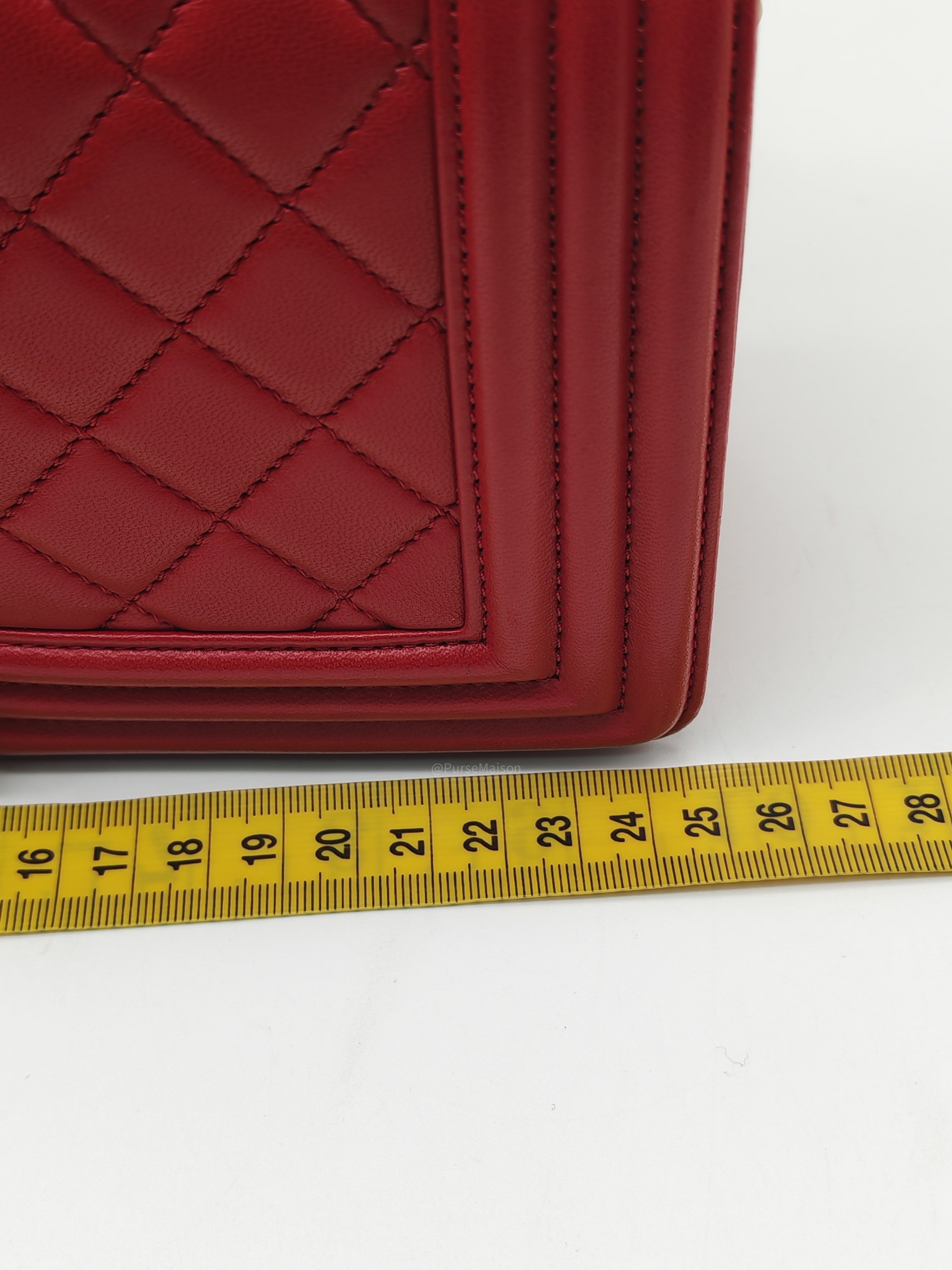 Chanel Le Boy Old Medium in Red Lambskin Leather in Red Aged Gold Hardware (Series 23) | Purse Maison Luxury Bags Shop