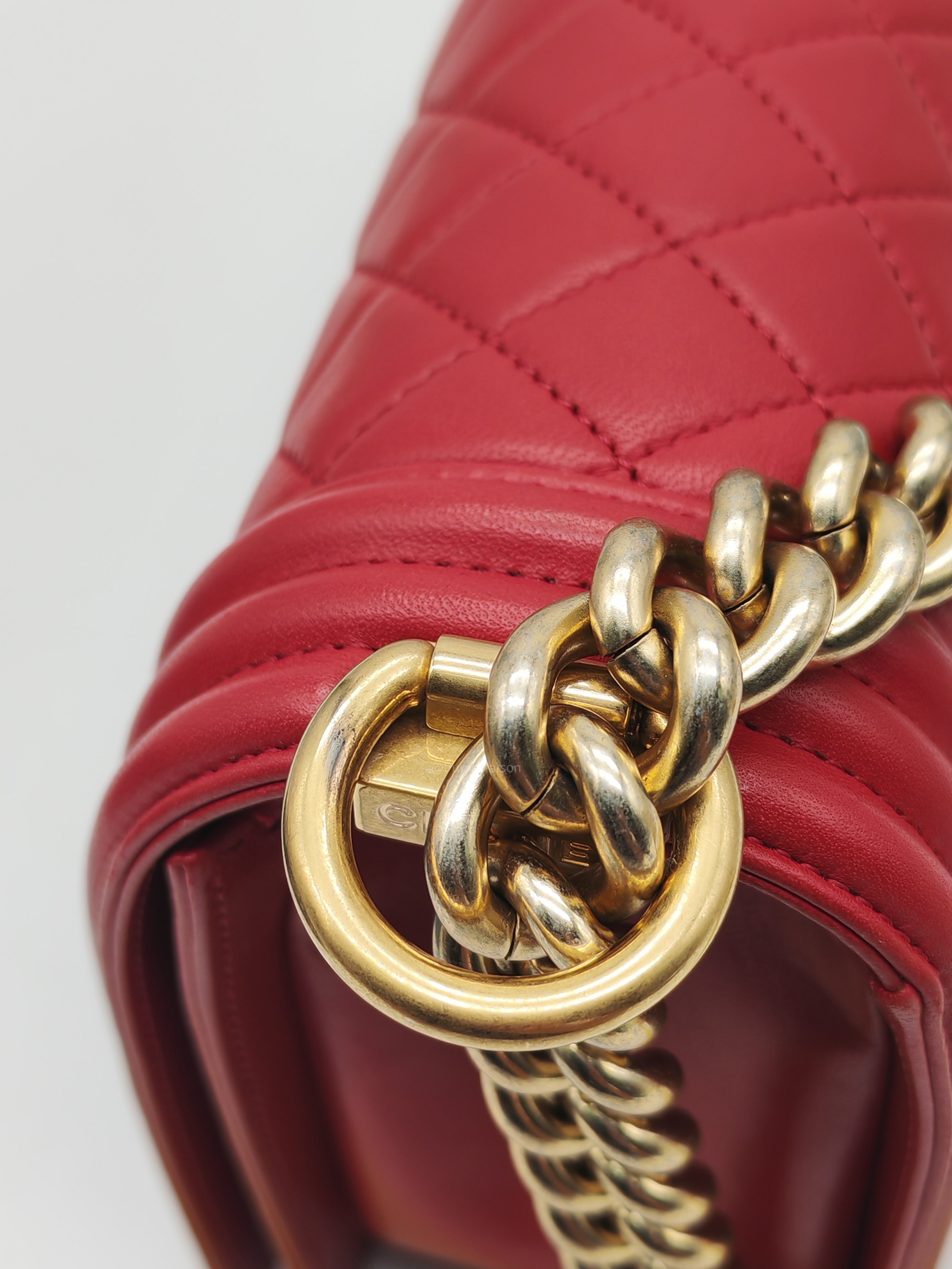 Chanel Le Boy Old Medium in Red Lambskin Leather in Red Aged Gold Hardware (Series 23) | Purse Maison Luxury Bags Shop