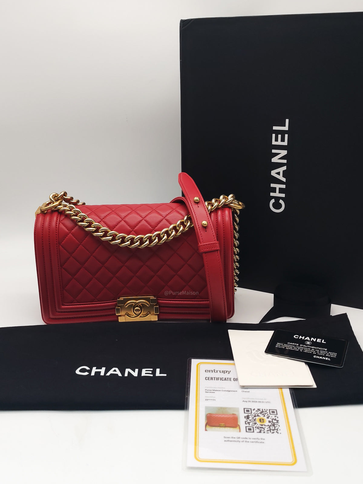 Chanel Le Boy Old Medium in Red Lambskin Leather in Red Aged Gold Hardware (Series 23) | Purse Maison Luxury Bags Shop