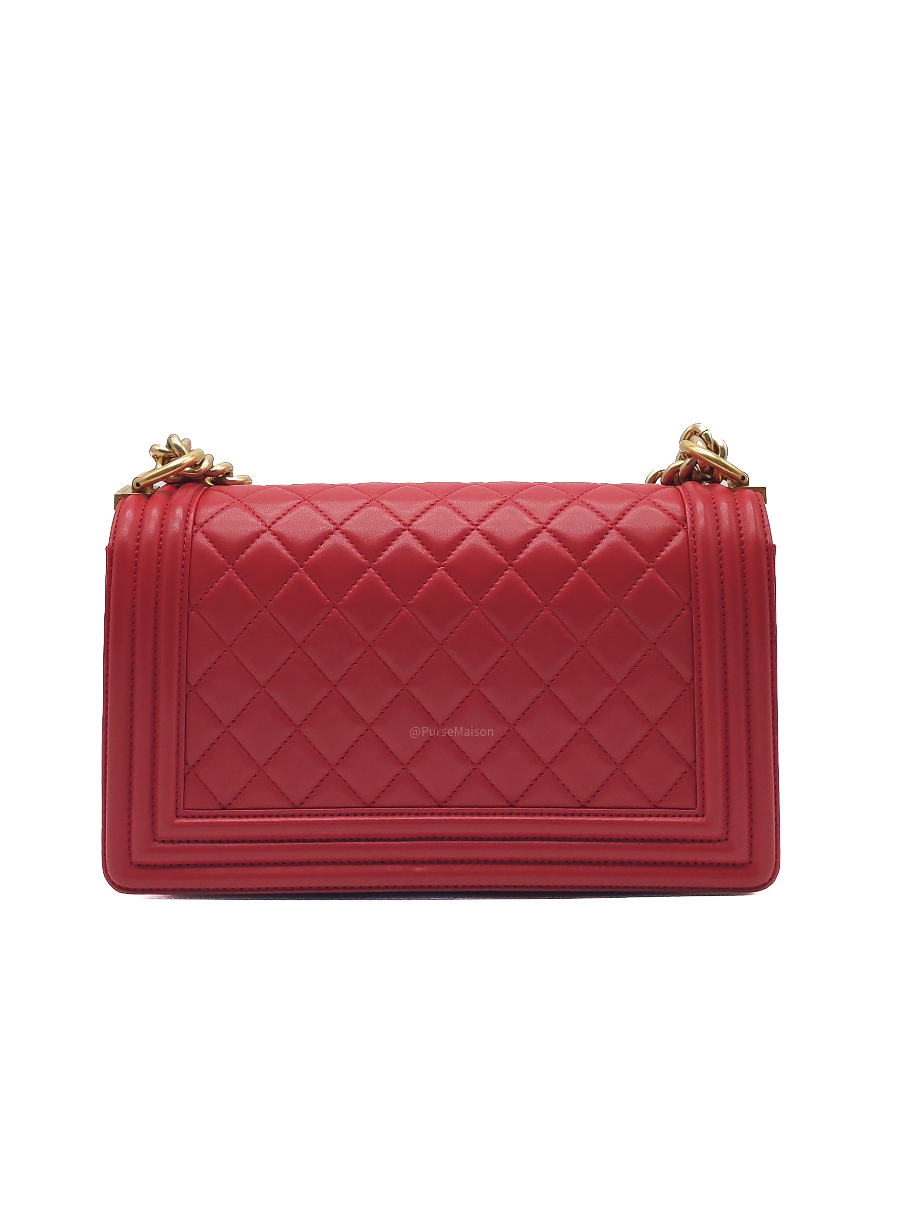 Chanel Le Boy Old Medium in Red Lambskin Leather in Red Aged Gold Hardware (Series 23) | Purse Maison Luxury Bags Shop