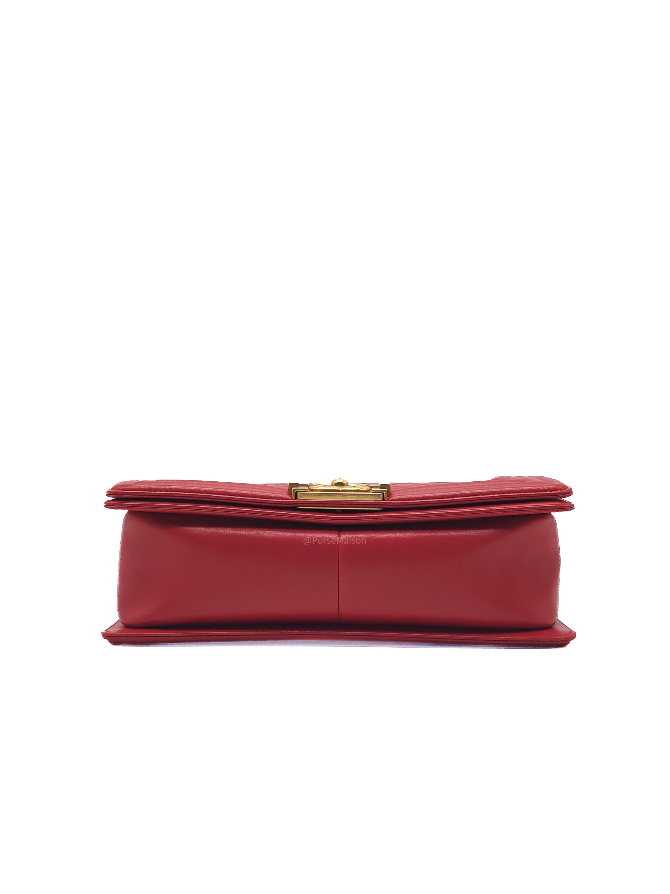 Chanel Le Boy Old Medium in Red Lambskin Leather in Red Aged Gold Hardware (Series 23) | Purse Maison Luxury Bags Shop