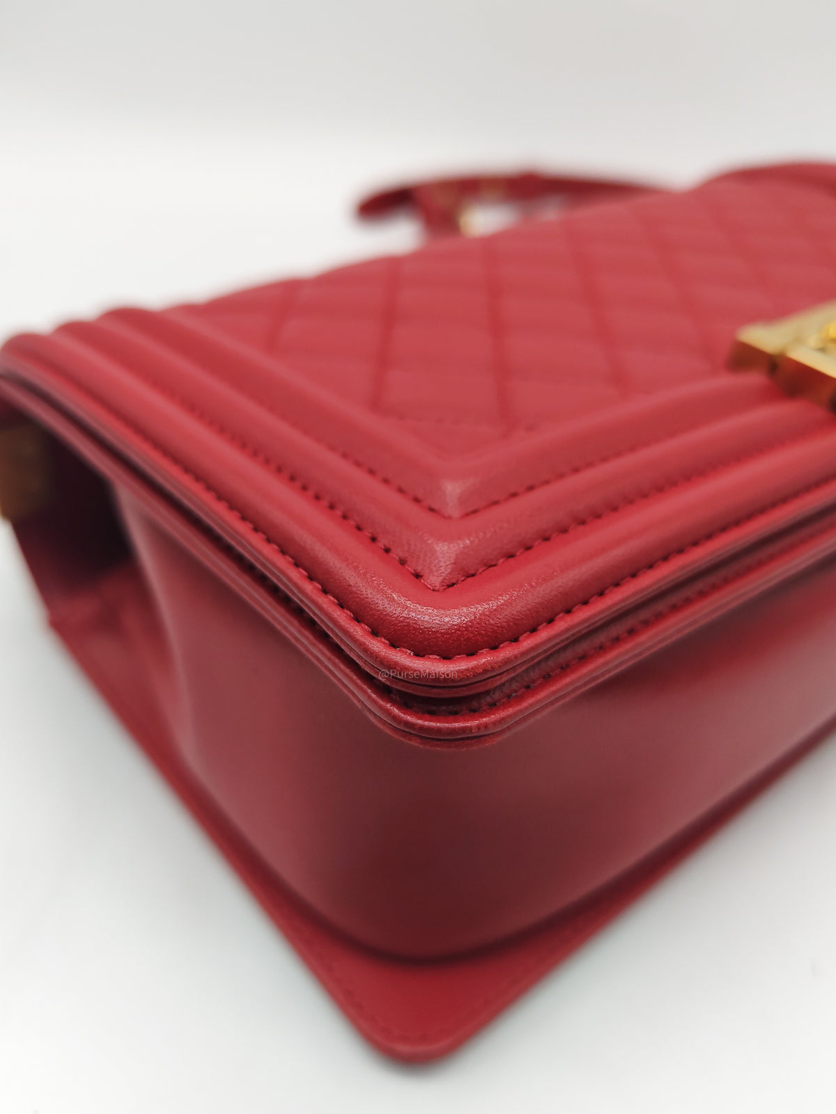 Chanel Le Boy Old Medium in Red Lambskin Leather in Red Aged Gold Hardware (Series 23) | Purse Maison Luxury Bags Shop