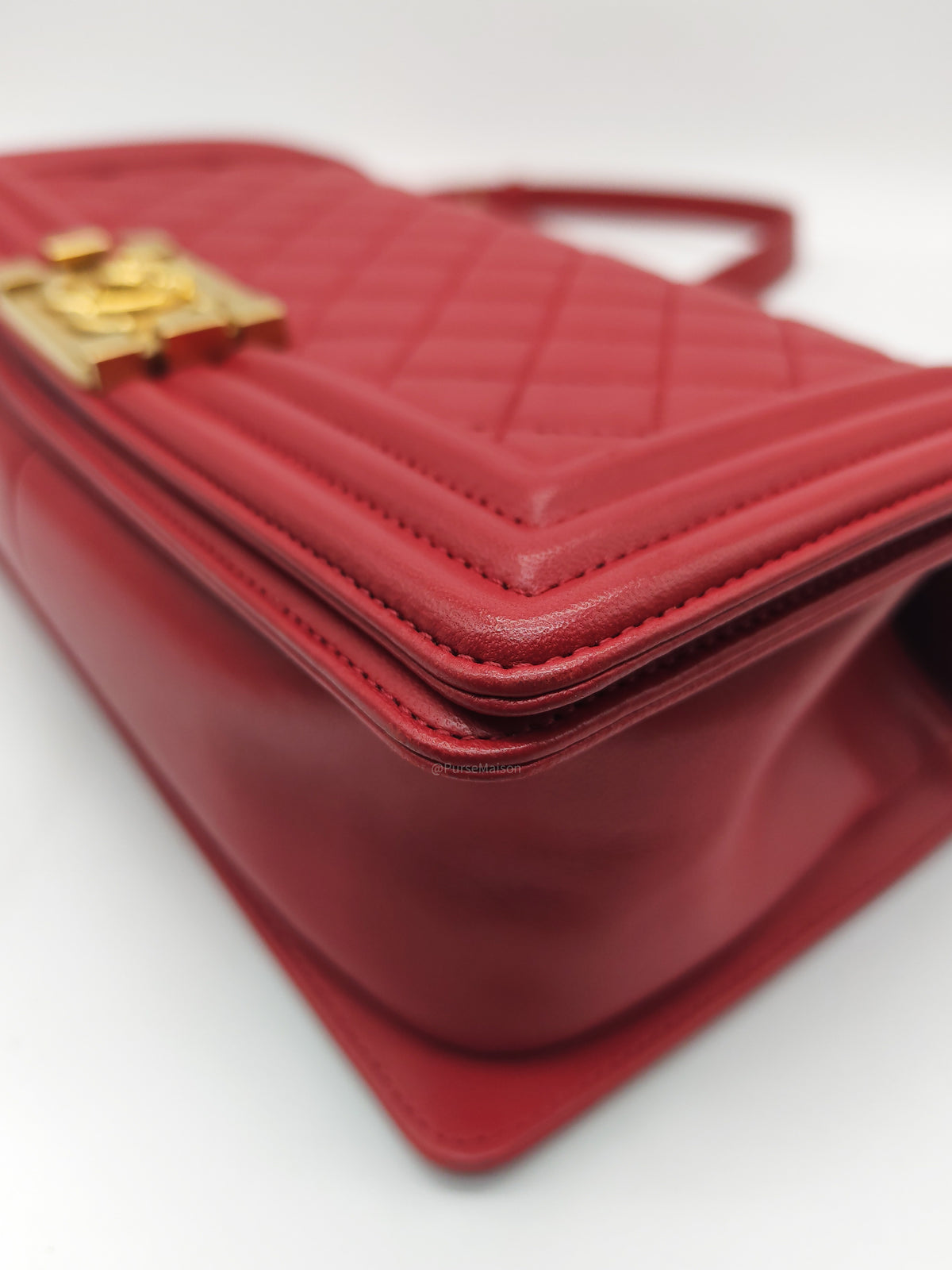 Chanel Le Boy Old Medium in Red Lambskin Leather in Red Aged Gold Hardware (Series 23) | Purse Maison Luxury Bags Shop