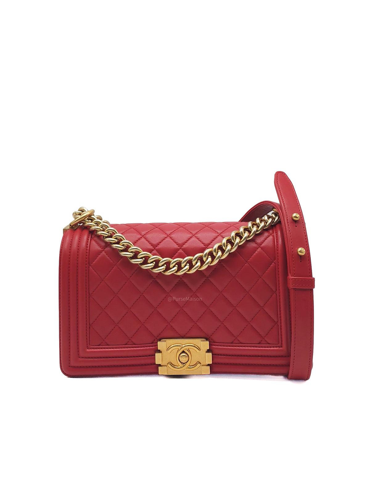 Chanel Le Boy Old Medium in Red Lambskin Leather in Red Aged Gold Hardware (Series 23) | Purse Maison Luxury Bags Shop