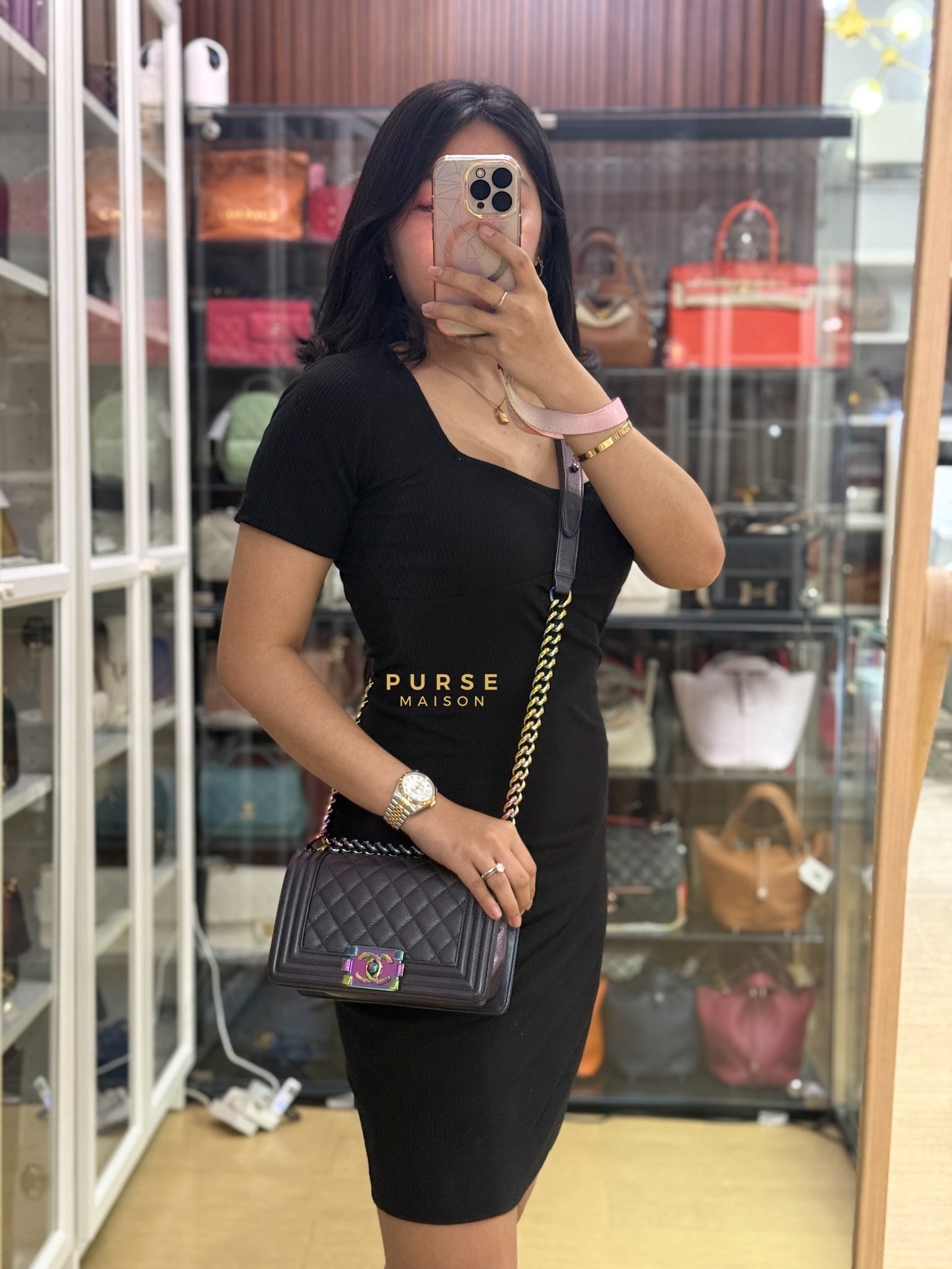Chanel Le boy Small Iridescent Purple Mermaid Quilted Goatskin in Rainbow Hardware (Series 21) | Purse Maison Luxury Bags Shop