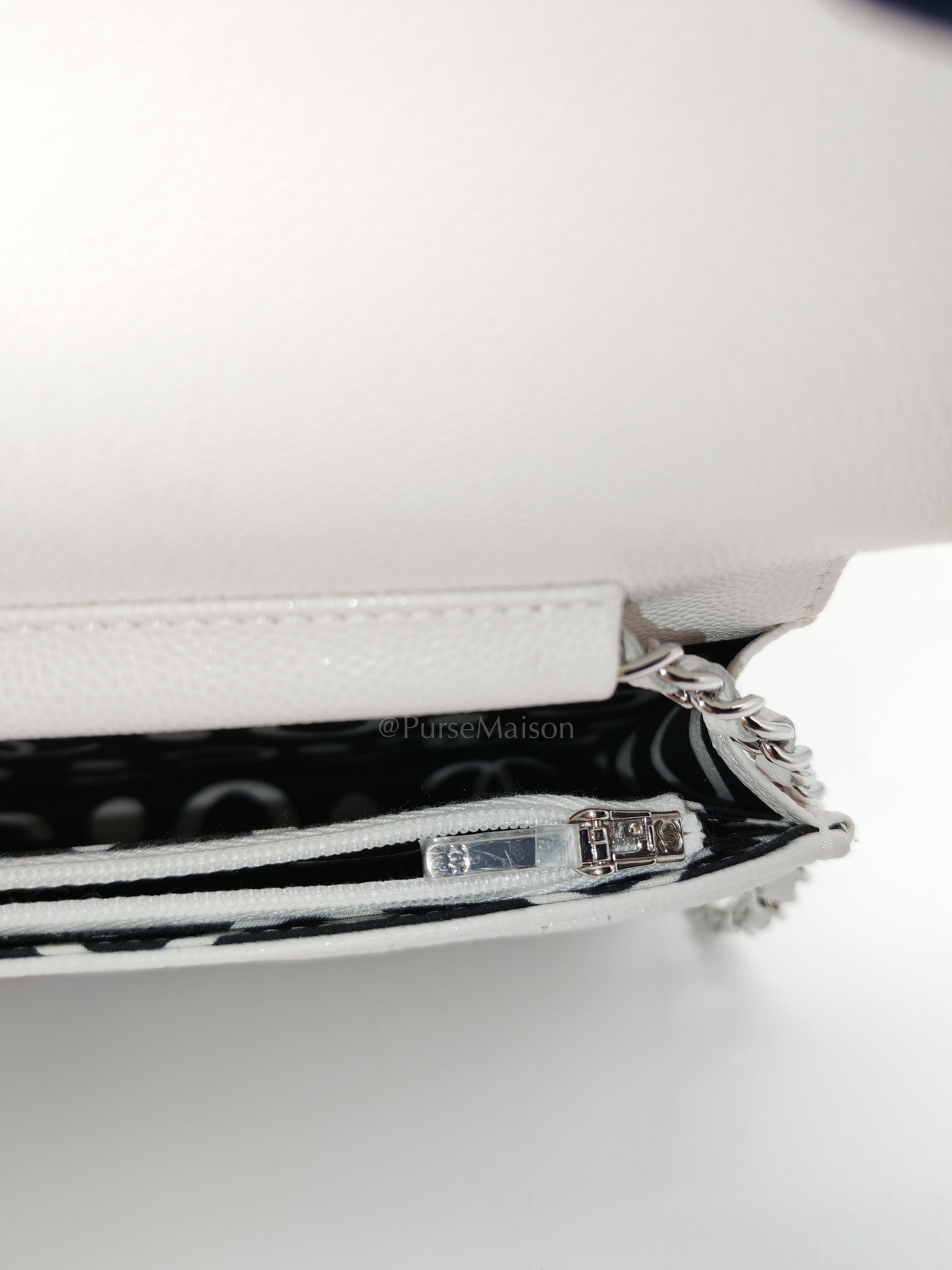 Chanel Long Wallet on Chain in White Caviar Leather Silver Hardware (Microchip) | Purse Maison Luxury Bags Shop