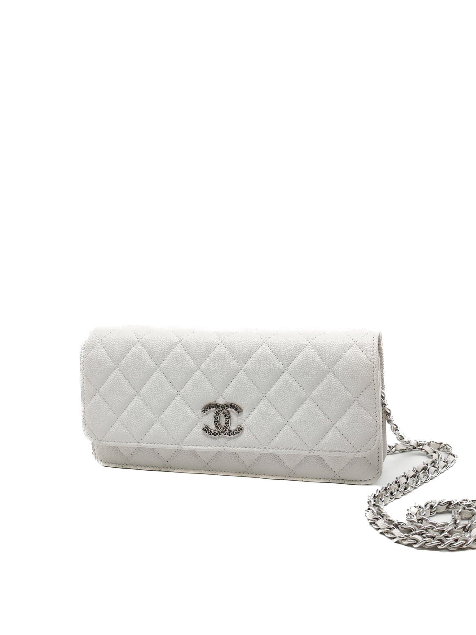 Chanel Long Wallet on Chain in White Caviar Leather Silver Hardware (Microchip) | Purse Maison Luxury Bags Shop