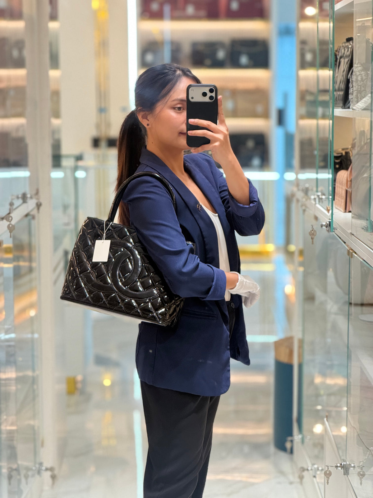 Chanel Medallion Tote Bag in Black Quilted Patent Leather Series 6 | Purse Maison Luxury Bags Shop