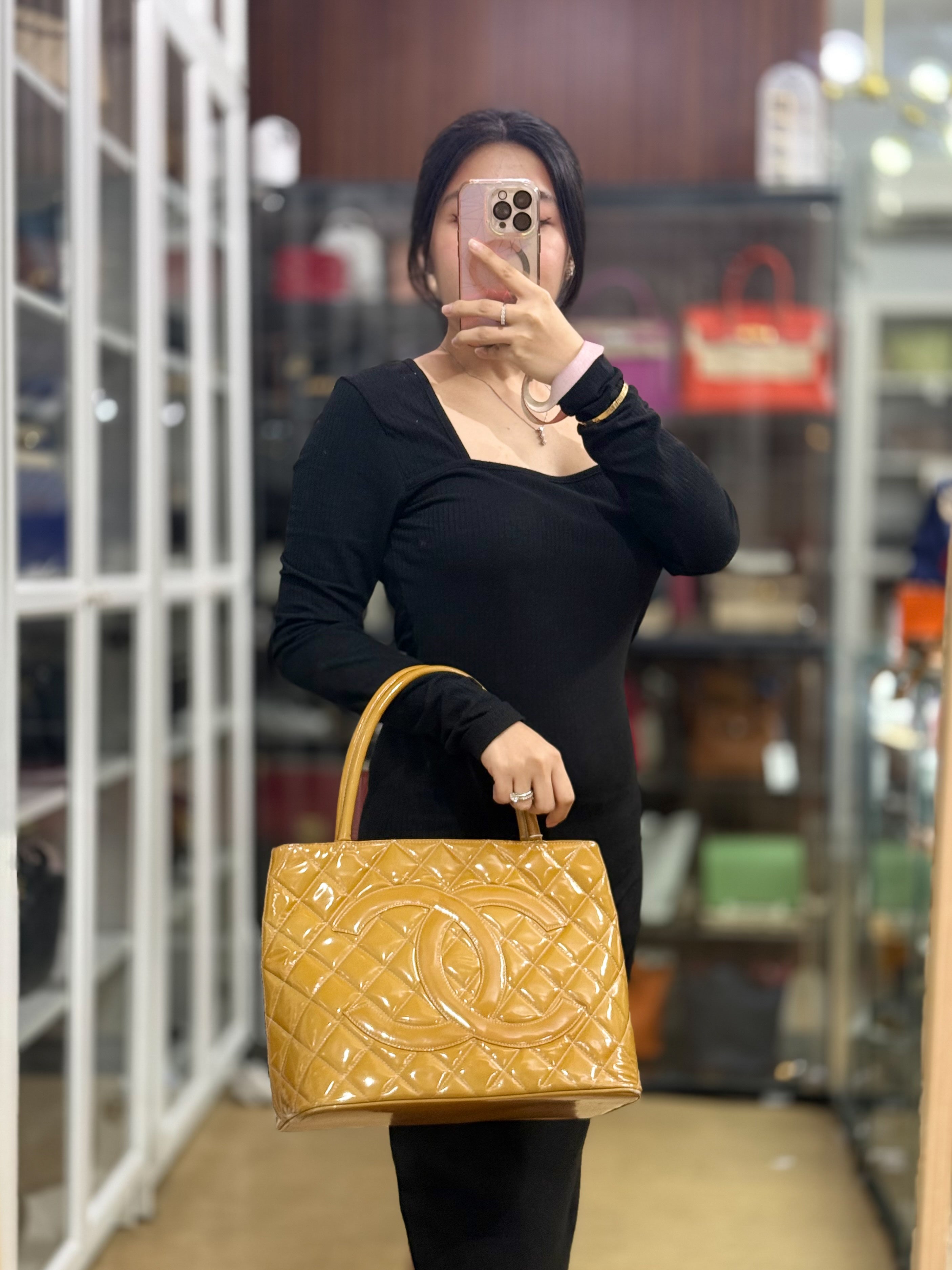Medallion Yellow Mustard Vintage Patent Leather Handbag and Gold Hardware Series 7 | Purse Maison Luxury Bags Shop