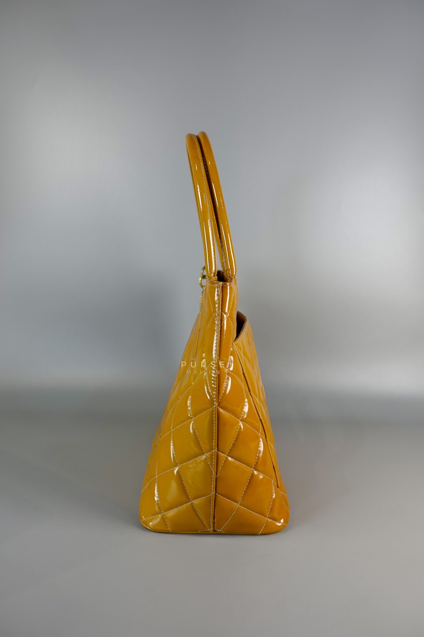 Medallion Yellow Mustard Vintage Patent Leather Handbag and Gold Hardware Series 7 | Purse Maison Luxury Bags Shop