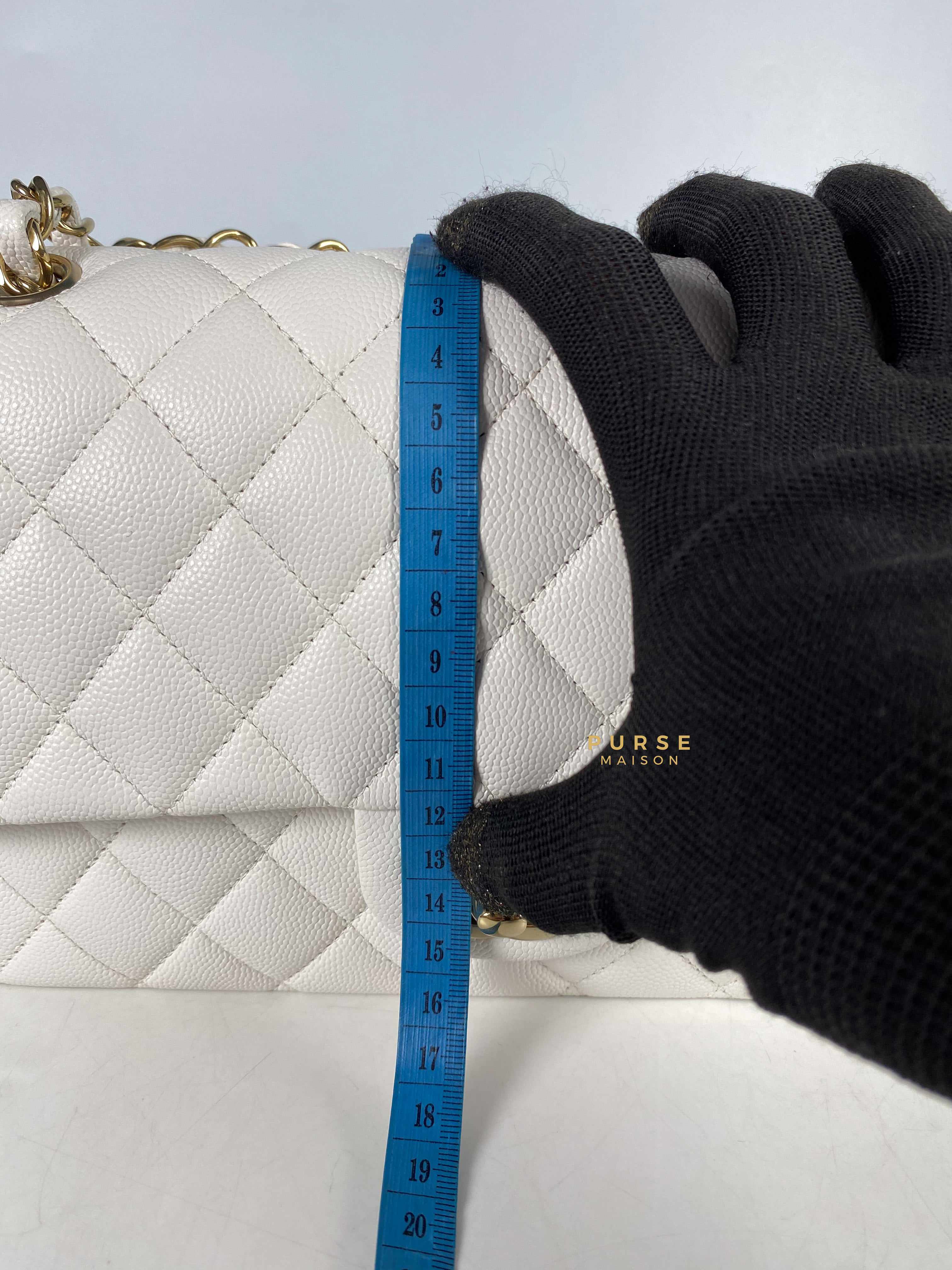 Chanel Medium Classic Double Flap 23C White Caviar Leather and Light Gold Hardware (Microchip) | Purse Maison Luxury Bags Shop