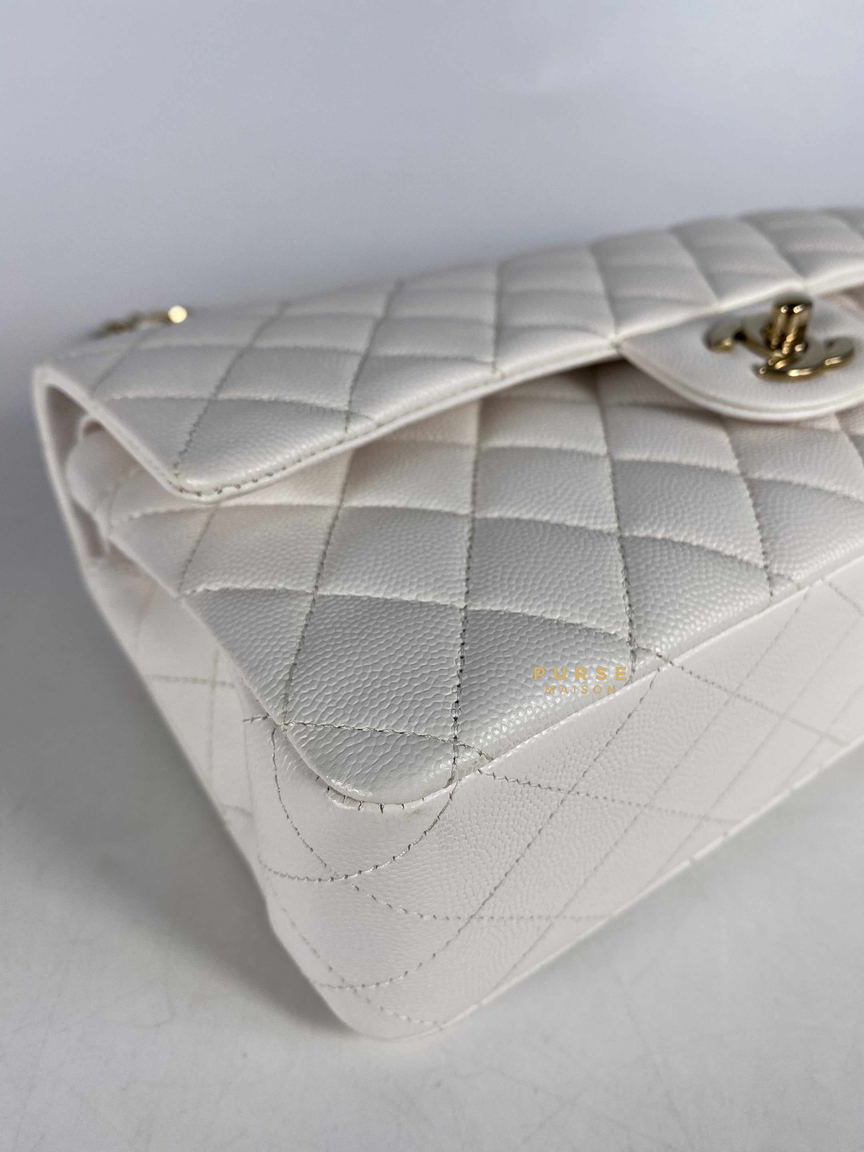 Chanel Medium Classic Double Flap 23C White Caviar Leather and Light Gold Hardware (Microchip) | Purse Maison Luxury Bags Shop
