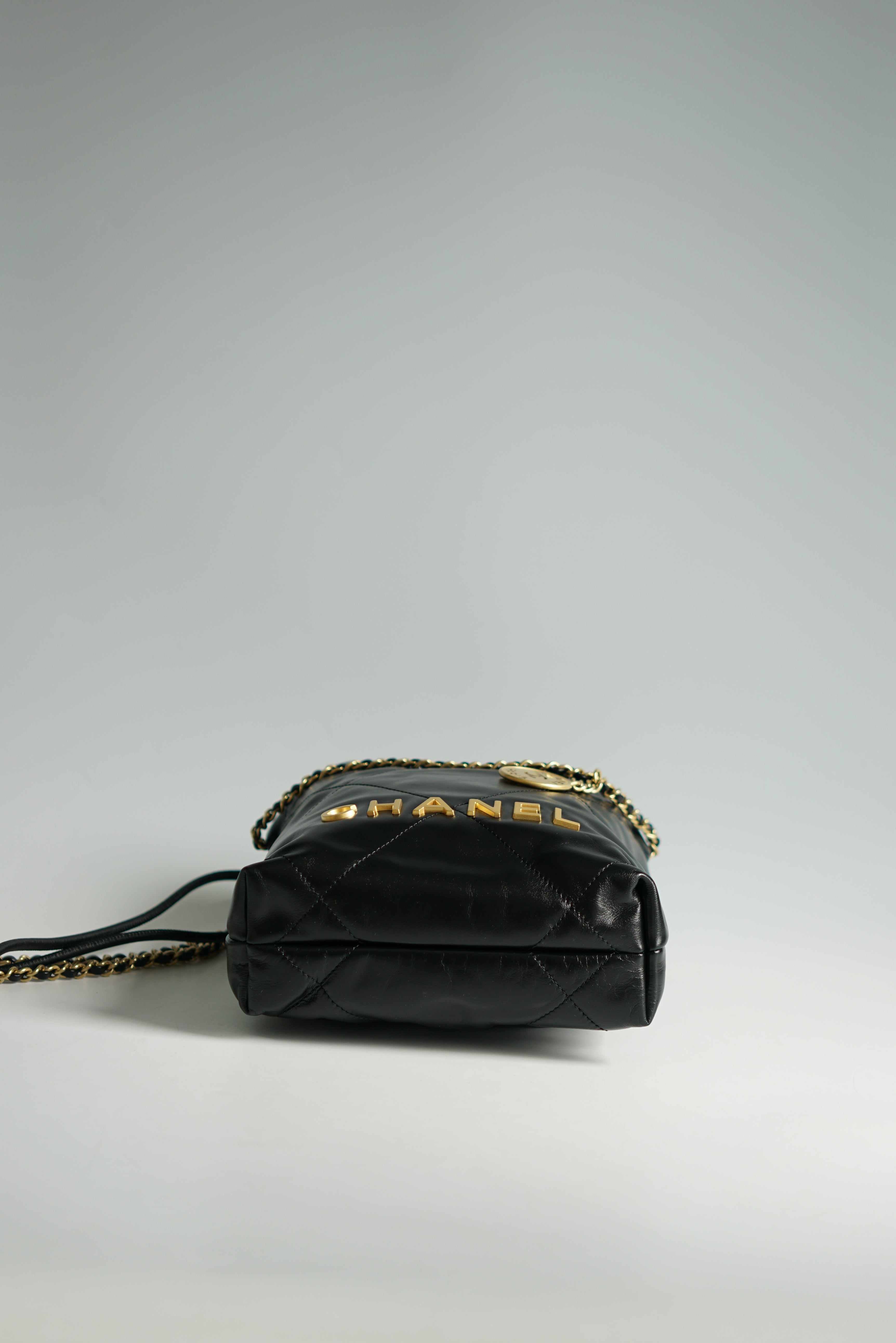 Chanel Mini 22 Black Calfskin Leather and Gold Hardware (Microchip)