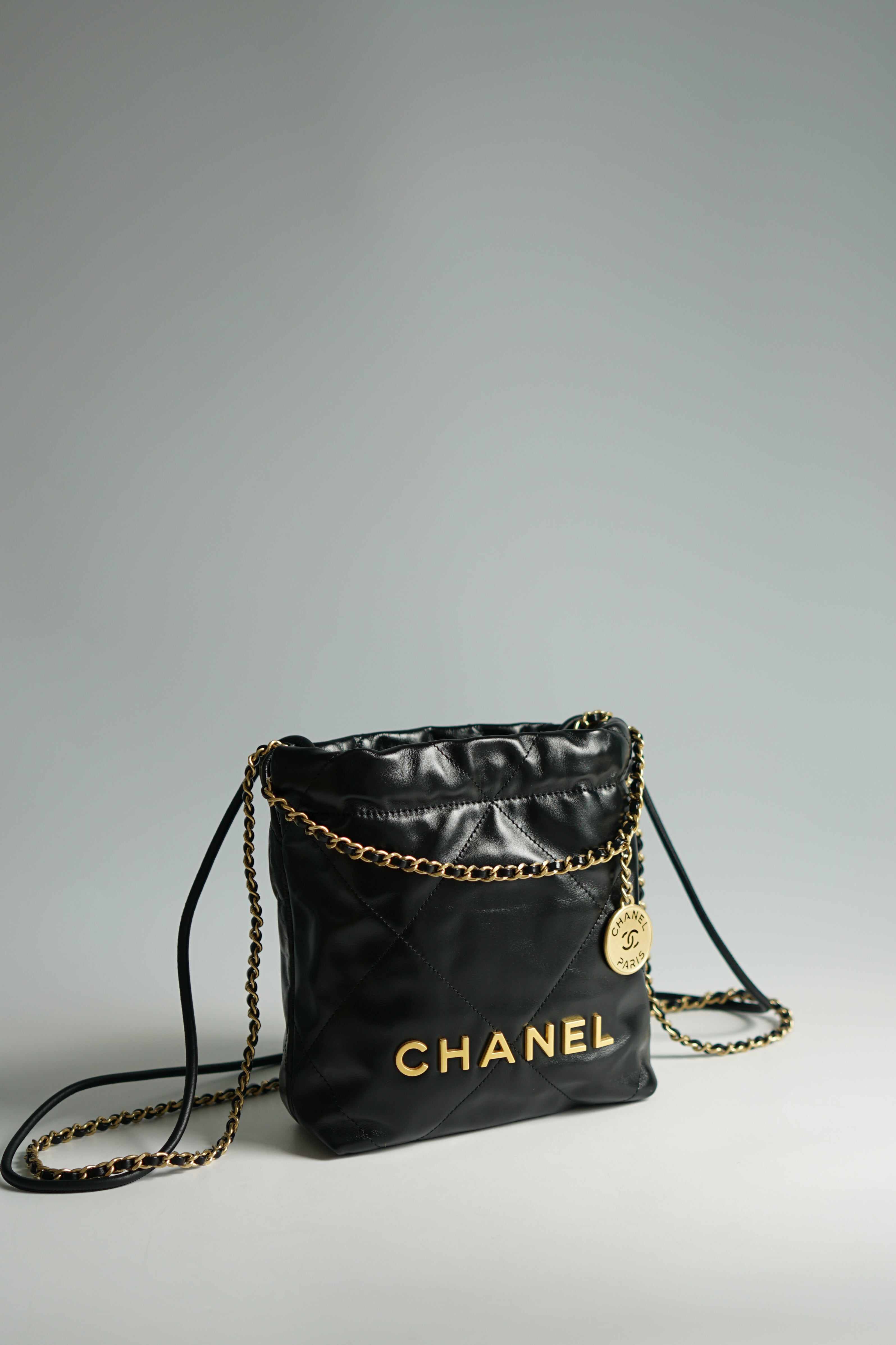 Chanel Mini 22 Black Calfskin Leather and Gold Hardware (Microchip)