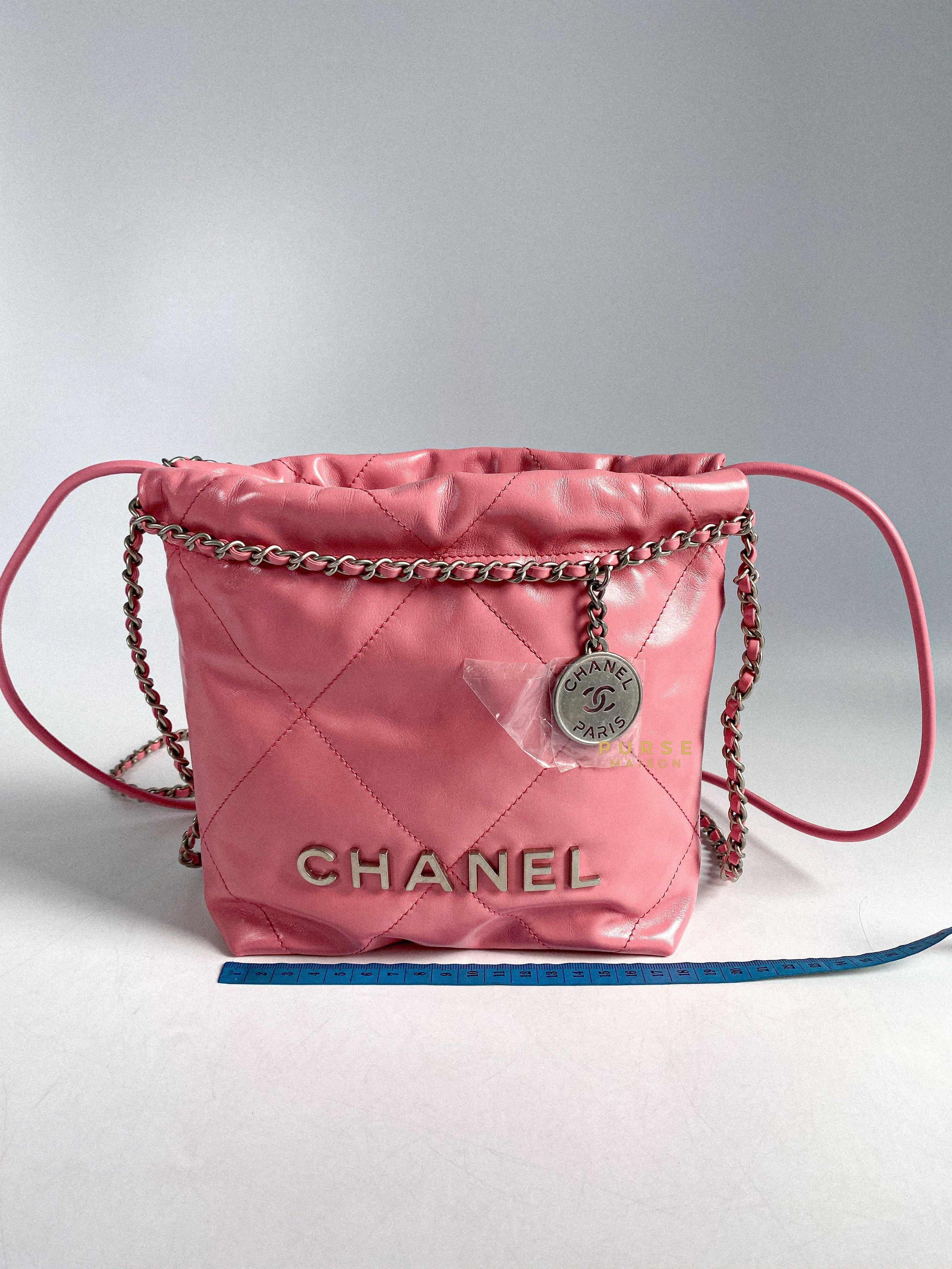 Chanel Mini 22 Pink Shiny Calfskin in Silver Hardware (Microchip)