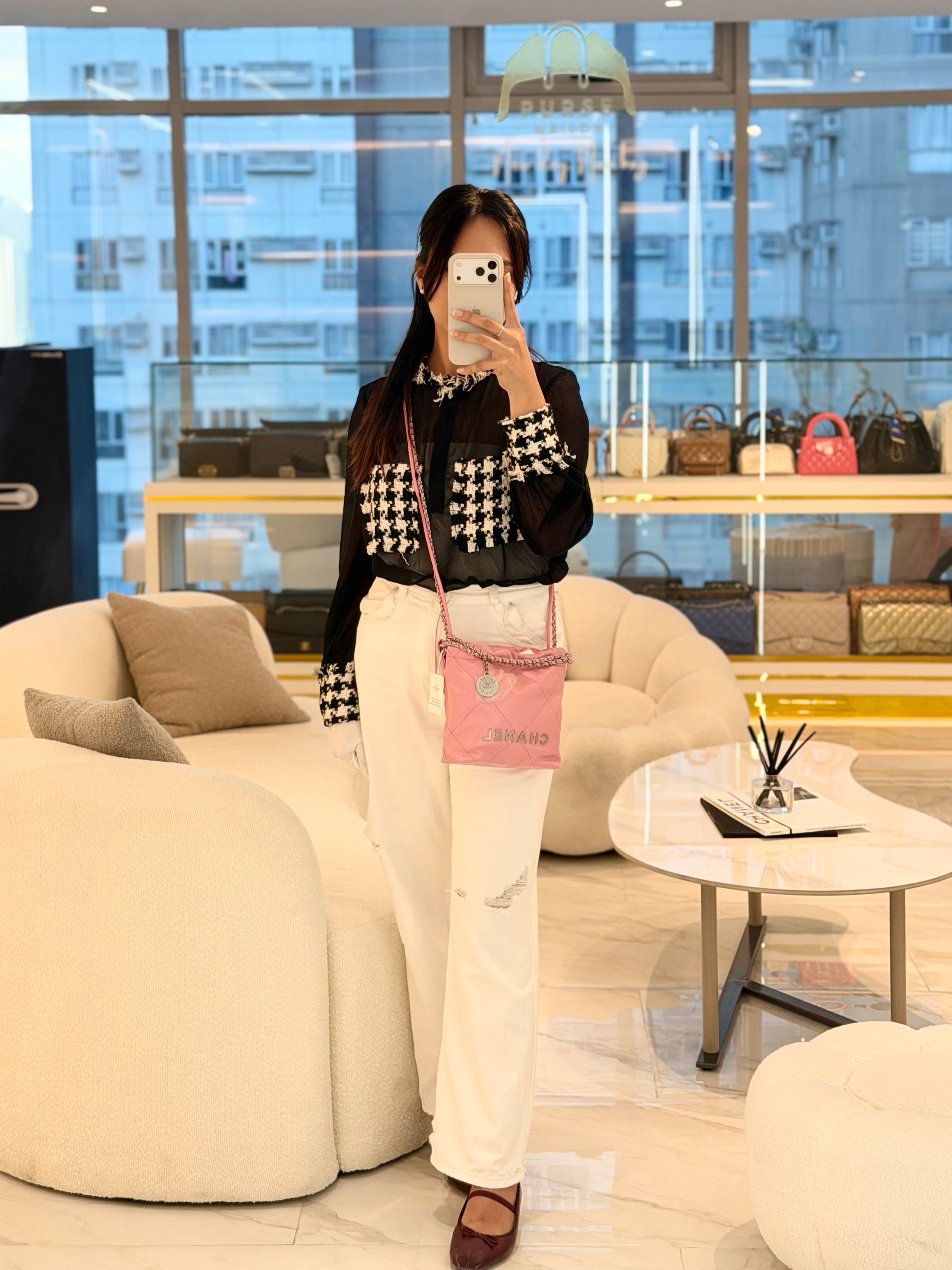 Chanel Mini 22 Pink Shiny Calfskin in Silver Hardware (Microchip) | Purse Maison Luxury Bags Shop