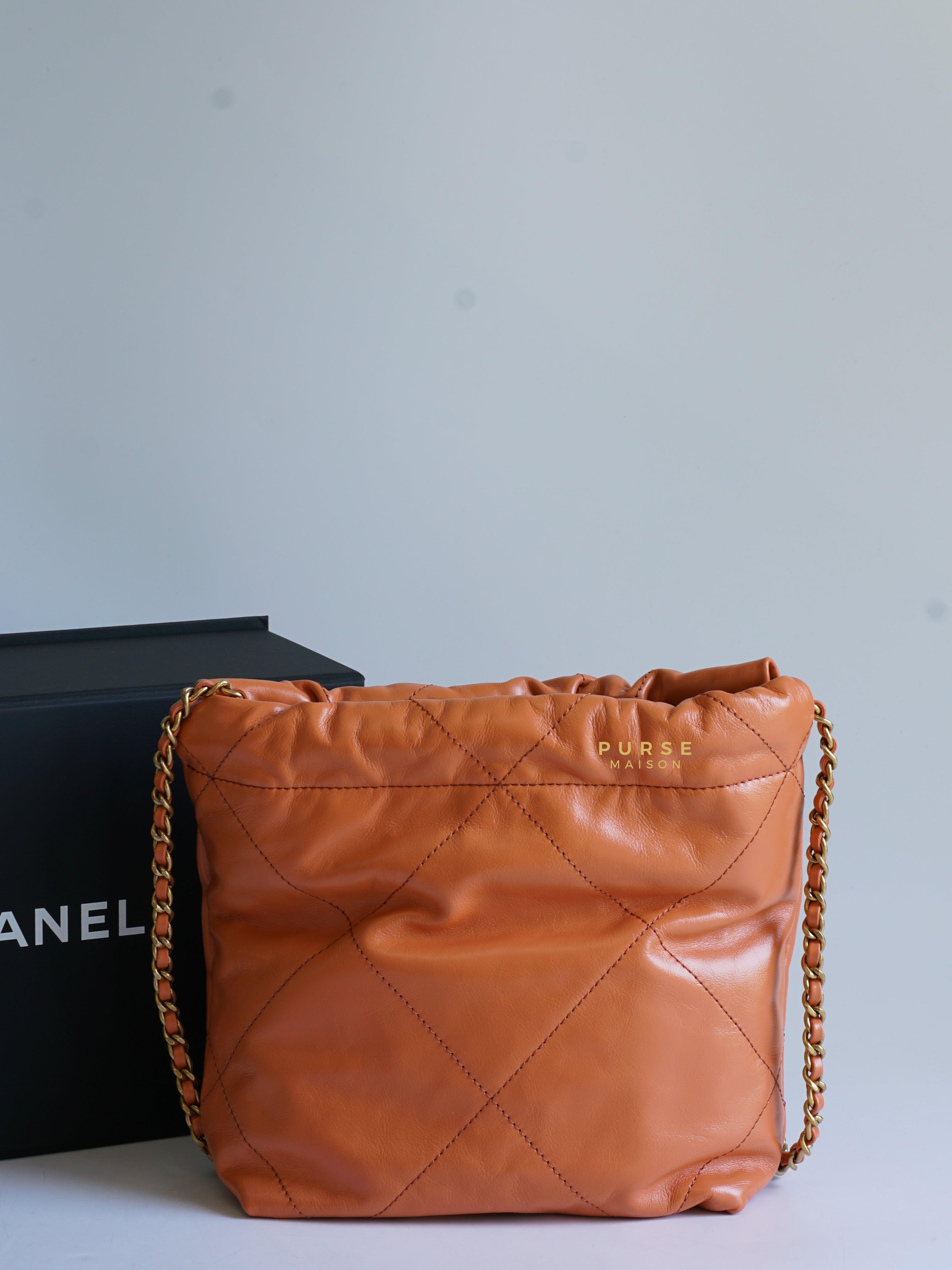 Chanel Mini 22 Shiny Calfskin 23A Gold/Tan (Microchip)