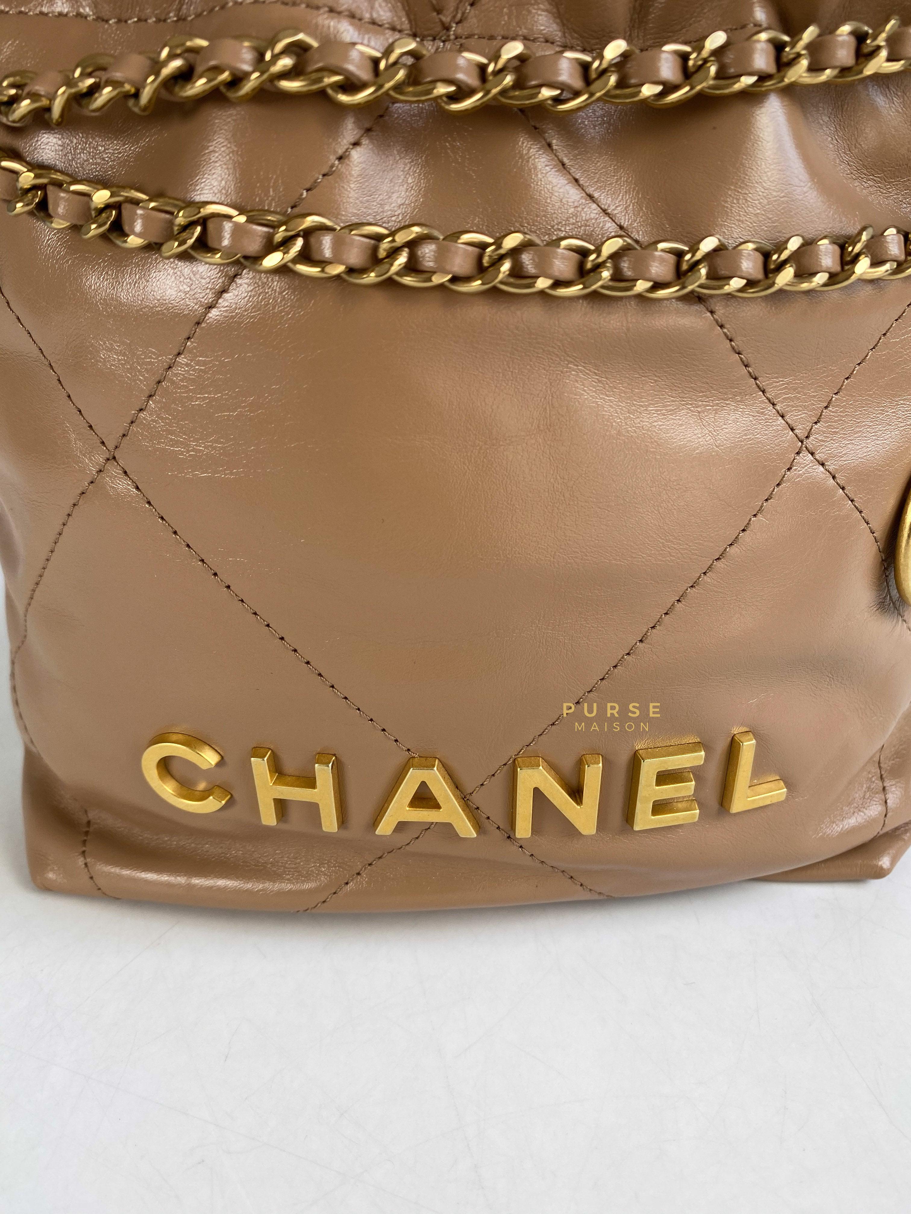 Chanel Mini 22 Shiny Calfskin 23B Dark Beige (Microchip) | Purse Maison Luxury Bags Shop
