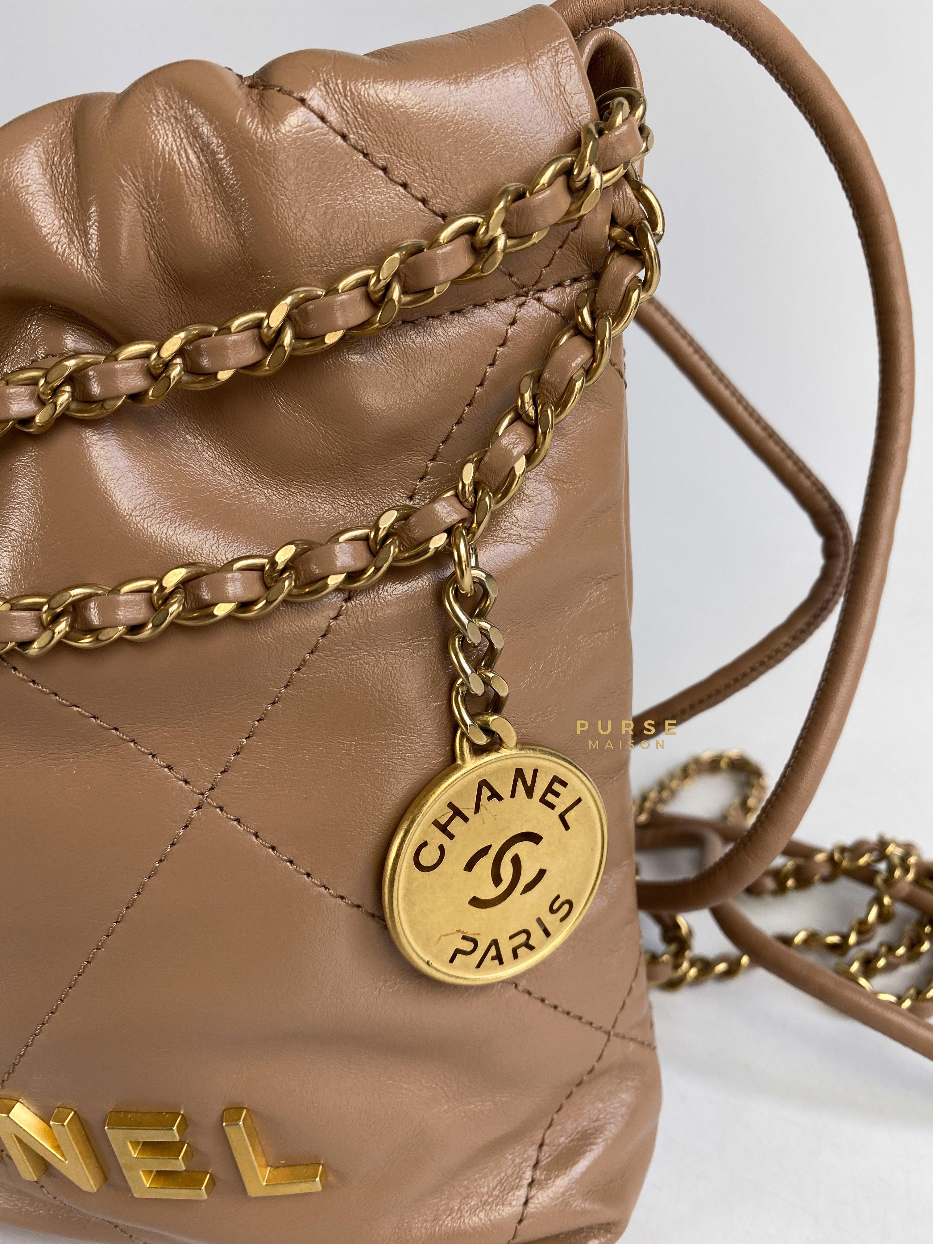 Chanel Mini 22 Shiny Calfskin 23B Dark Beige (Microchip) | Purse Maison Luxury Bags Shop