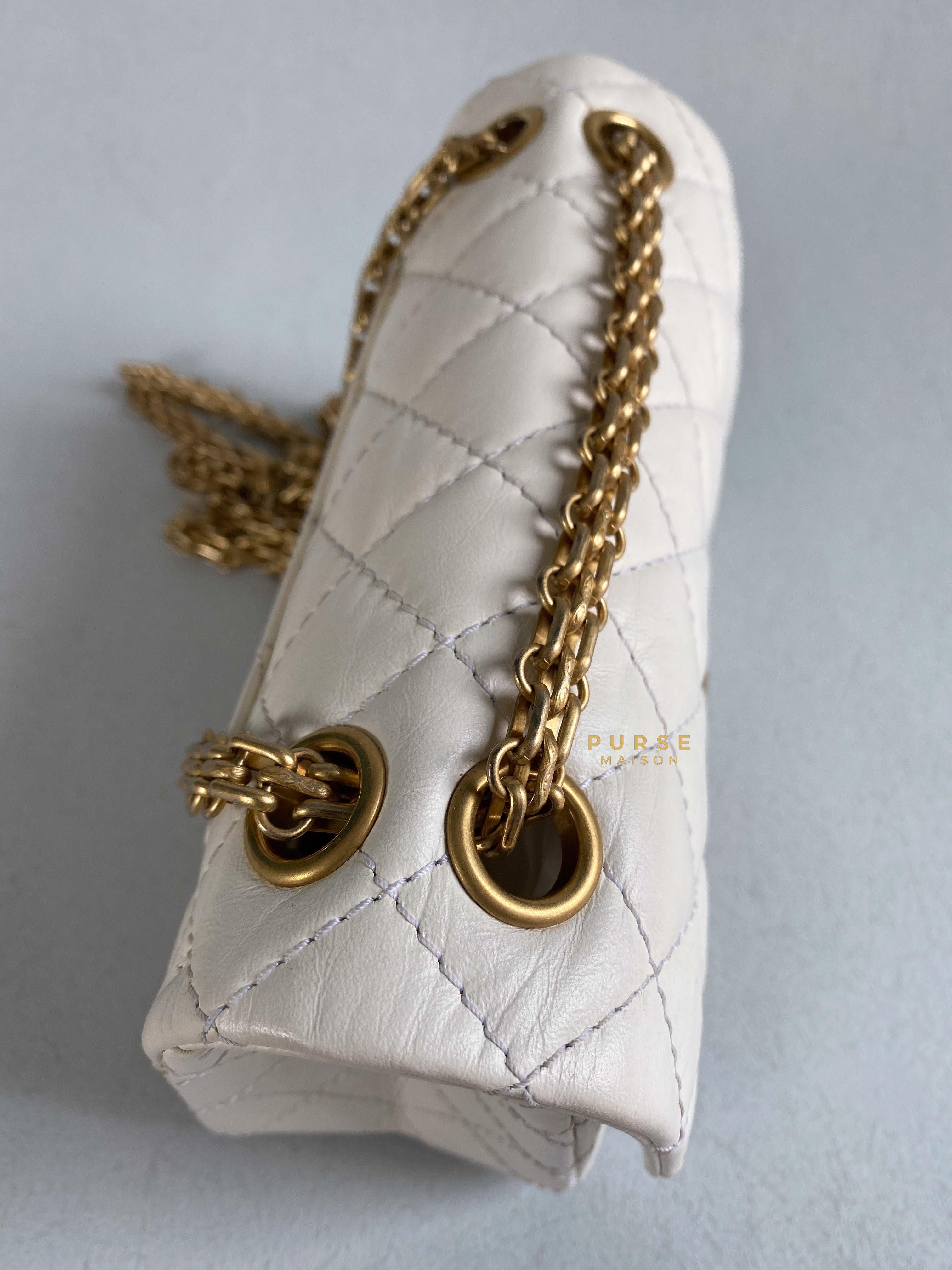 Chanel Mini 2.55 Reissue White Distressed Calfskin & Aged Gold Hardware (Microchip) | Purse Maison Luxury Bags Shop