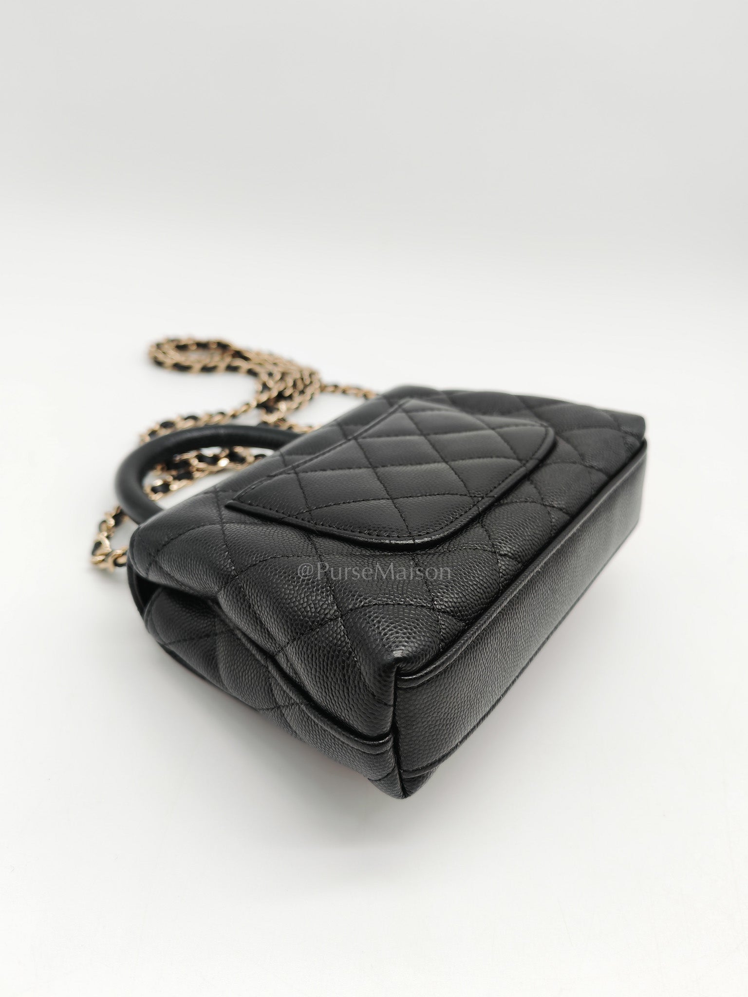 Chanel Mini Coco Handle in Black Quilted Caviar Leather and Light Gold Hardware Microchip | Purse Maison Luxury Bags Shop