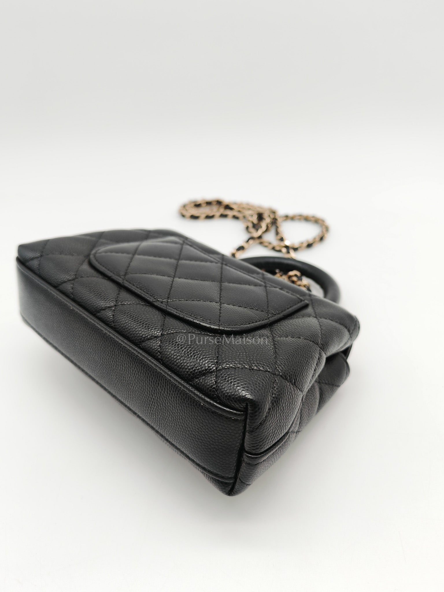 Chanel Mini Coco Handle in Black Quilted Caviar Leather and Light Gold Hardware Microchip | Purse Maison Luxury Bags Shop