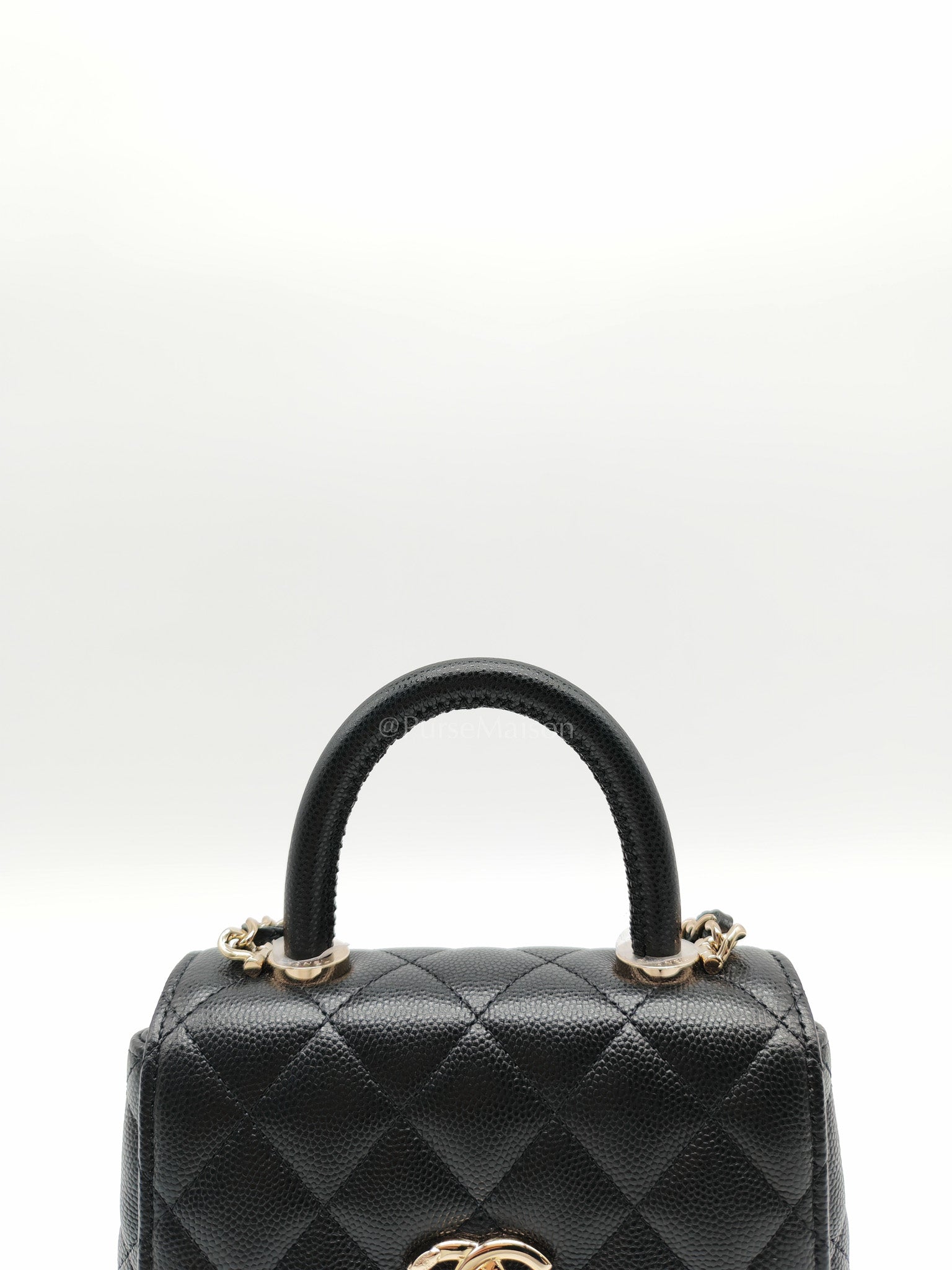 Chanel Mini Coco Handle in Black Quilted Caviar Leather and Light Gold Hardware Microchip | Purse Maison Luxury Bags Shop