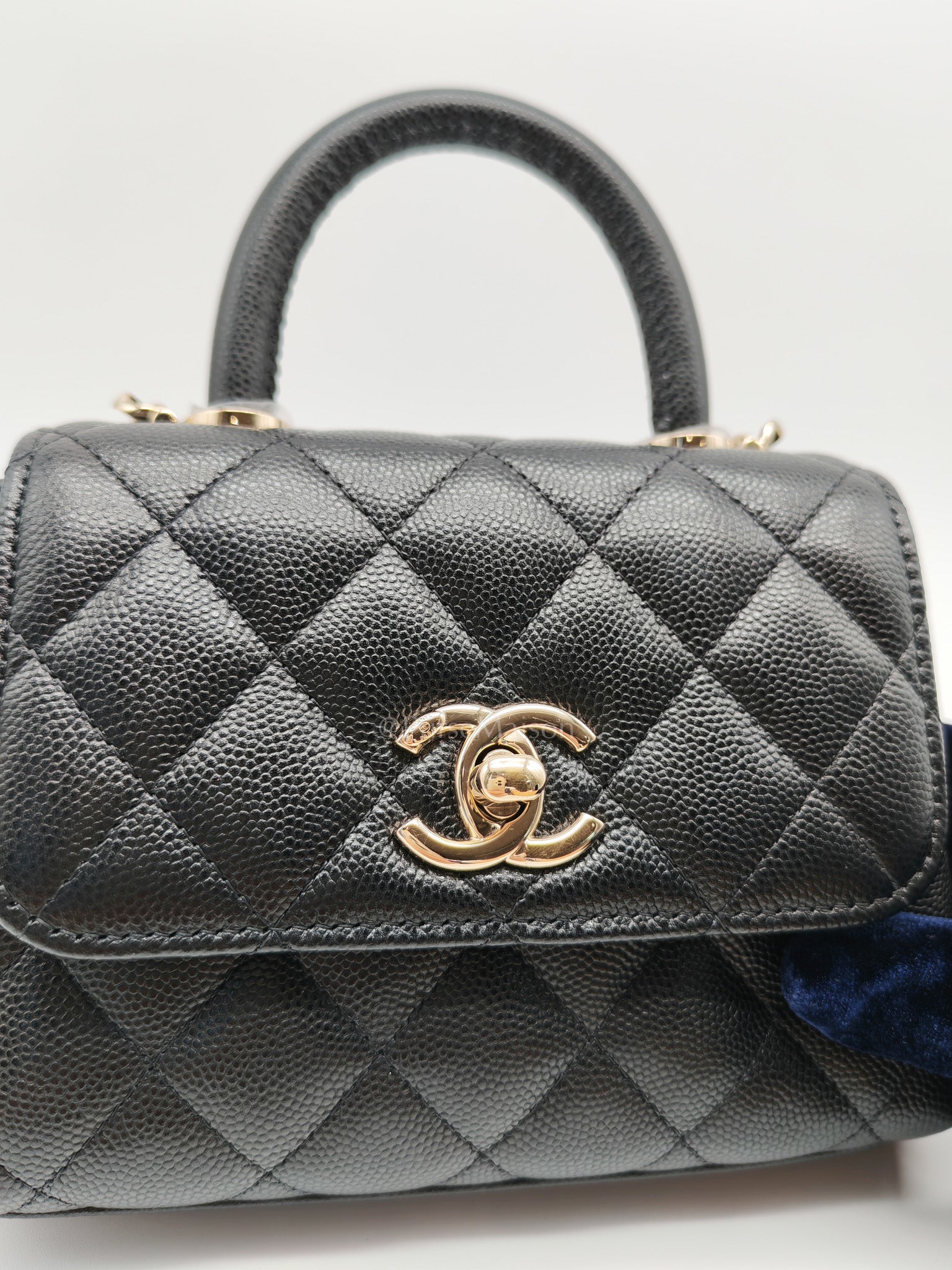 Chanel Mini Coco Handle in Black Quilted Caviar Leather and Light Gold Hardware Microchip | Purse Maison Luxury Bags Shop