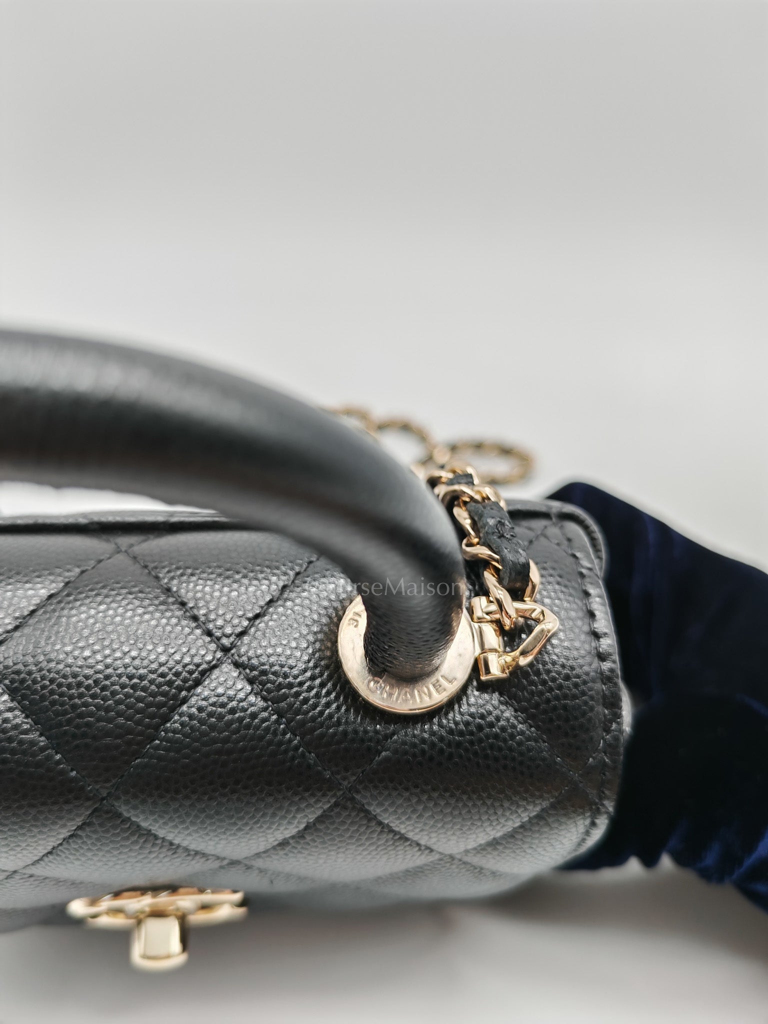 Chanel Mini Coco Handle in Black Quilted Caviar Leather and Light Gold Hardware Microchip | Purse Maison Luxury Bags Shop