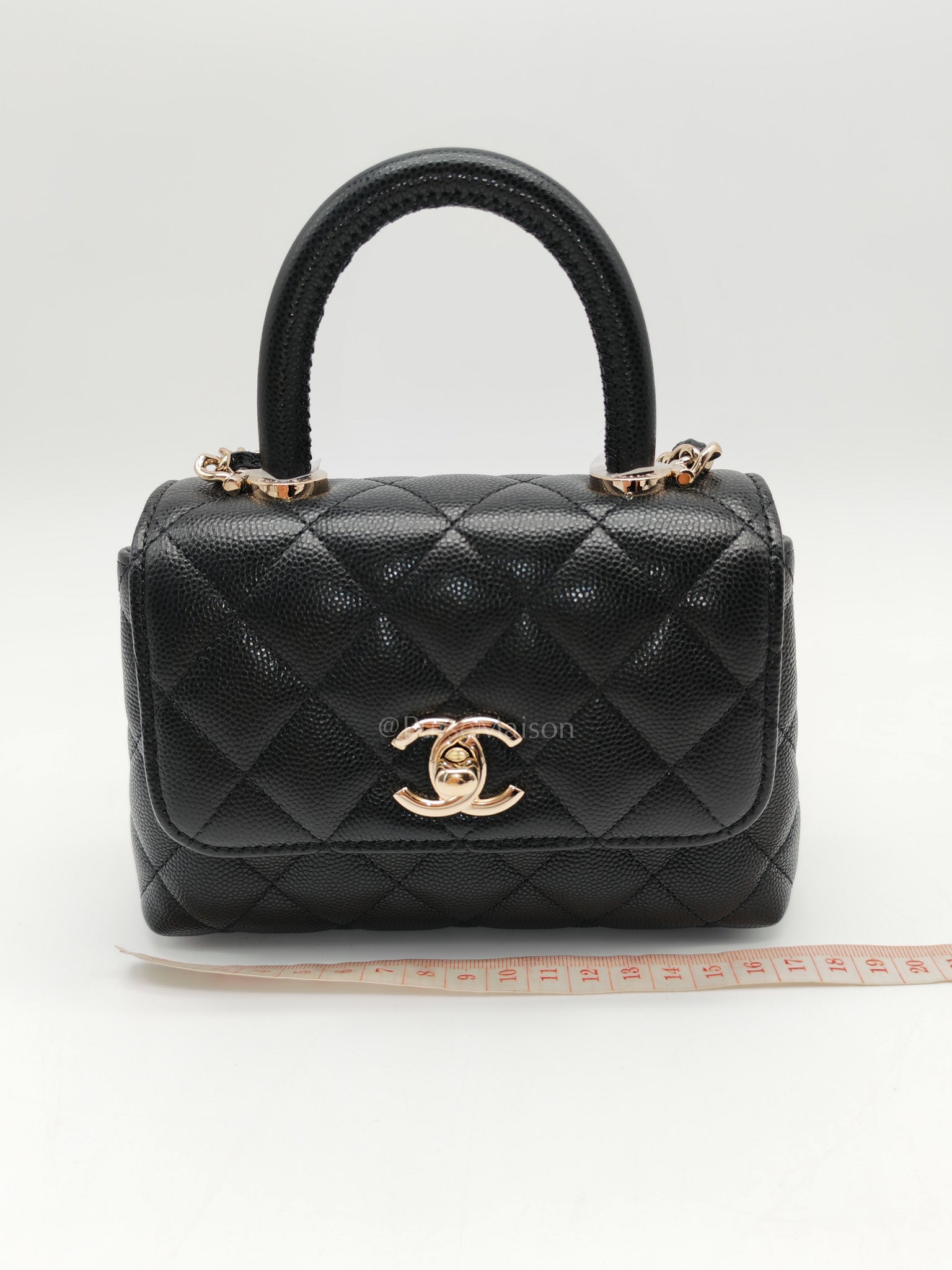 Chanel Mini Coco Handle in Black Quilted Caviar Leather and Light Gold Hardware Microchip | Purse Maison Luxury Bags Shop