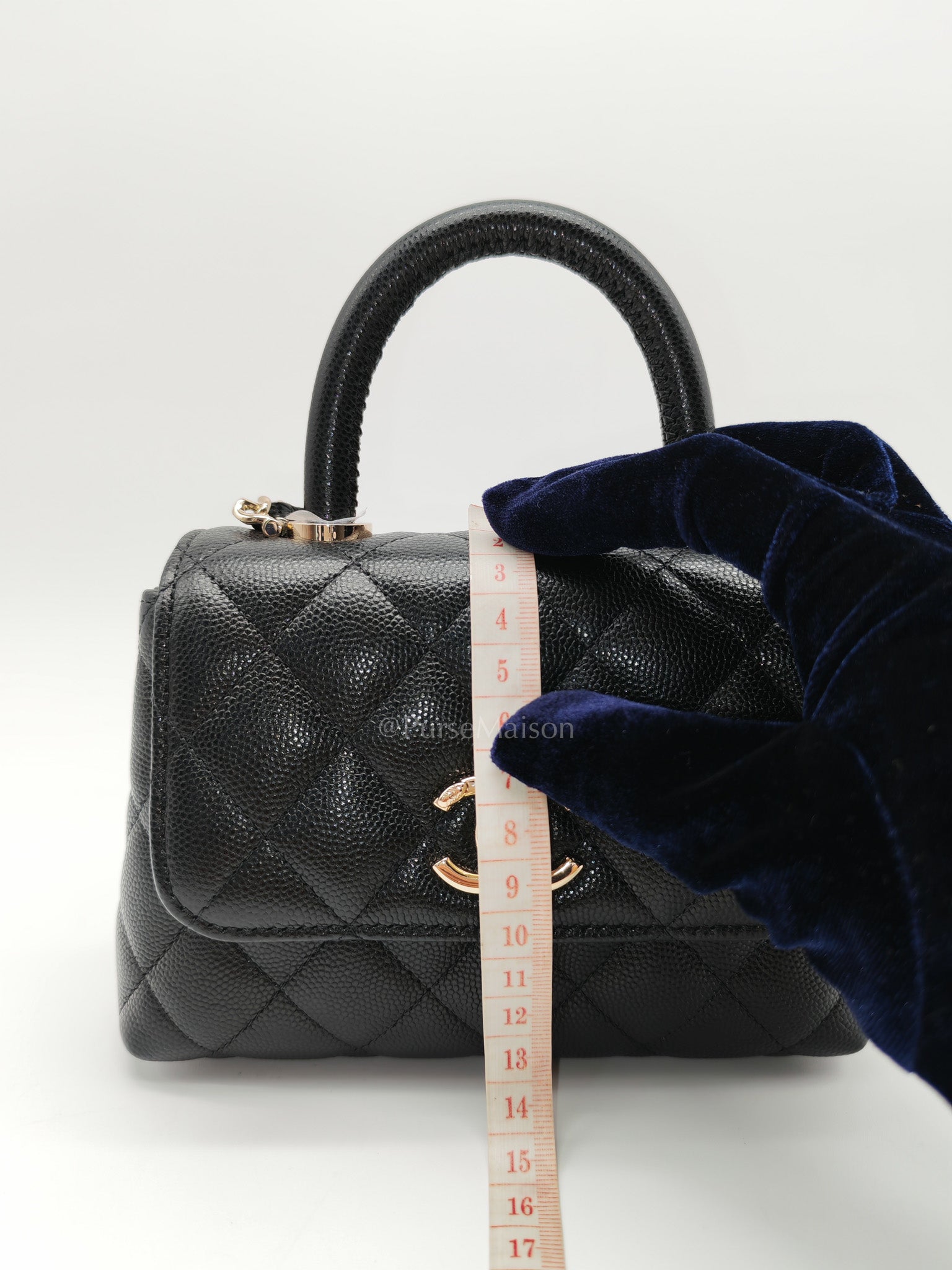 Chanel Mini Coco Handle in Black Quilted Caviar Leather and Light Gold Hardware Microchip | Purse Maison Luxury Bags Shop