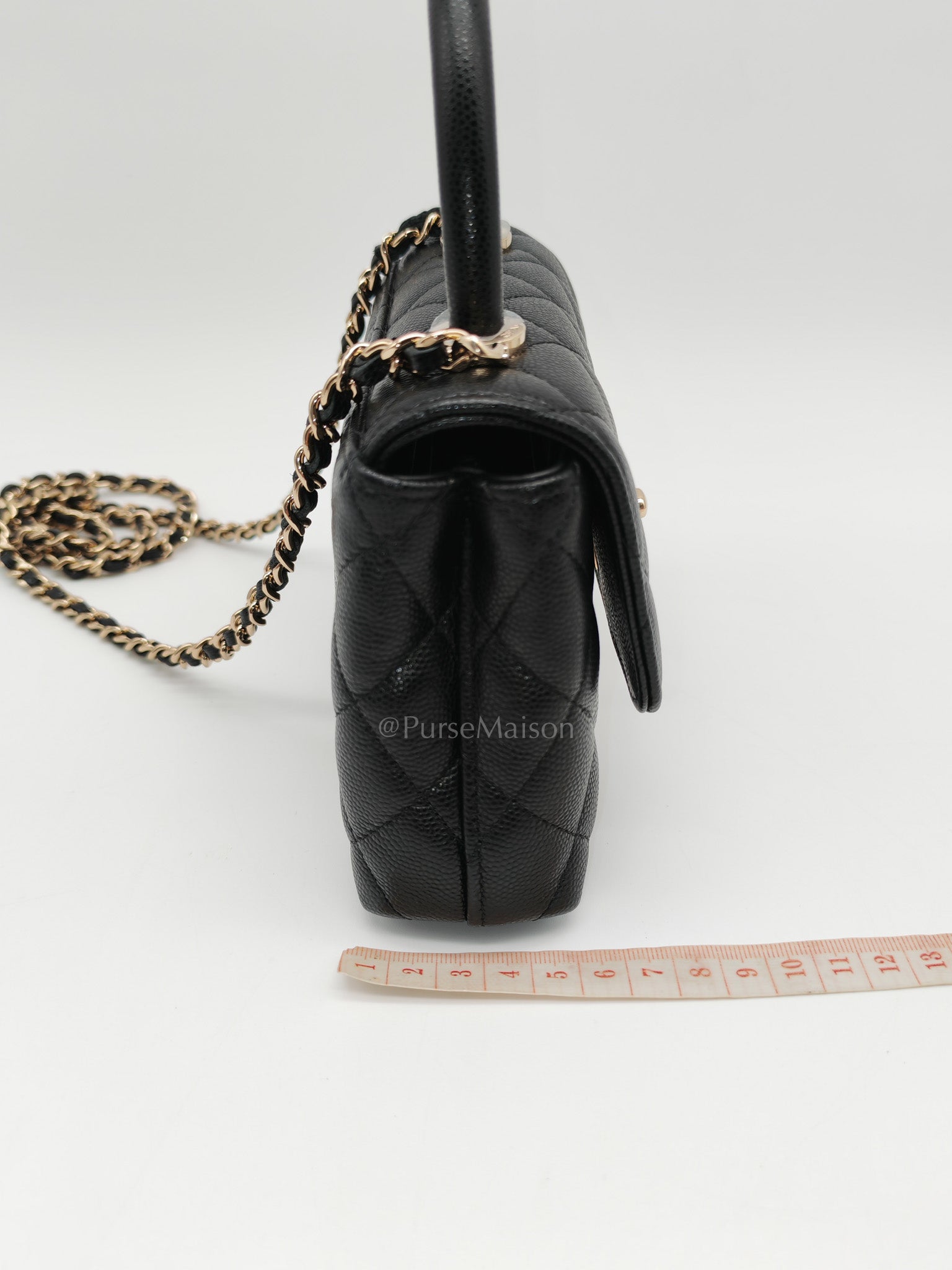 Chanel Mini Coco Handle in Black Quilted Caviar Leather and Light Gold Hardware Microchip | Purse Maison Luxury Bags Shop
