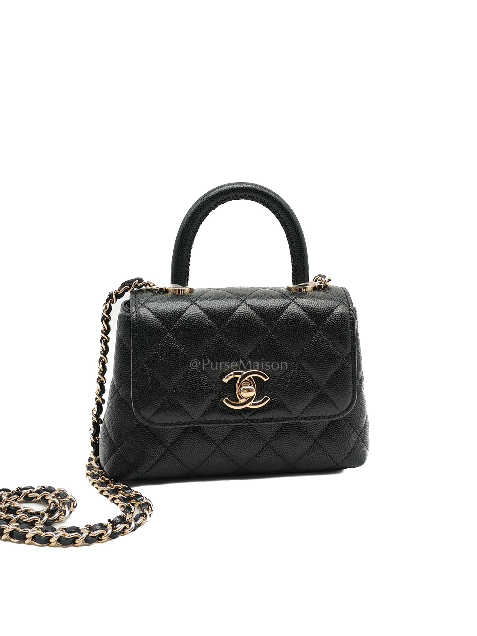 Chanel Mini Coco Handle in Black Quilted Caviar Leather and Light Gold Hardware Microchip | Purse Maison Luxury Bags Shop