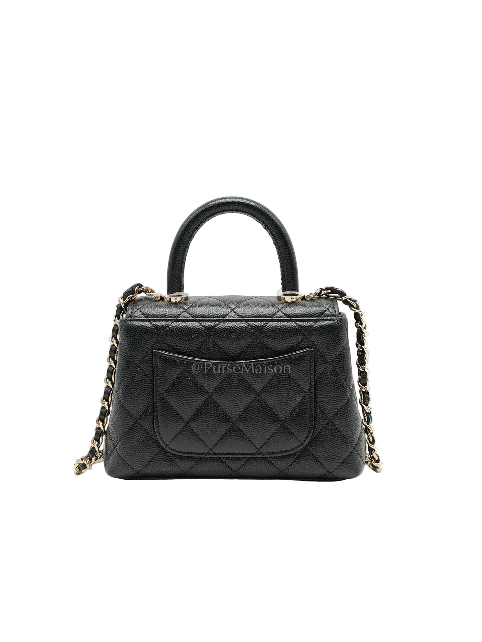 Chanel Mini Coco Handle in Black Quilted Caviar Leather and Light Gold Hardware Microchip | Purse Maison Luxury Bags Shop