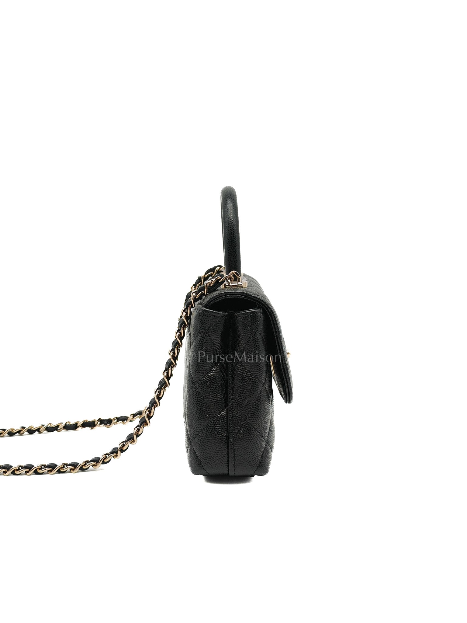 Chanel Mini Coco Handle in Black Quilted Caviar Leather and Light Gold Hardware Microchip | Purse Maison Luxury Bags Shop