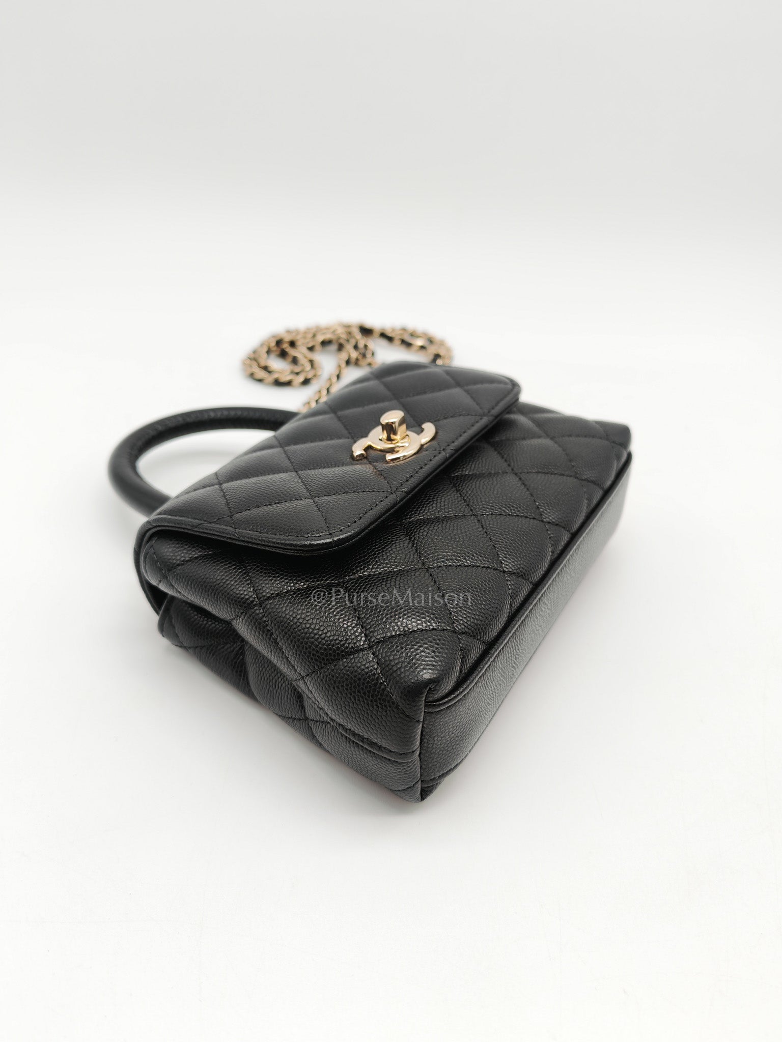Chanel Mini Coco Handle in Black Quilted Caviar Leather and Light Gold Hardware Microchip | Purse Maison Luxury Bags Shop