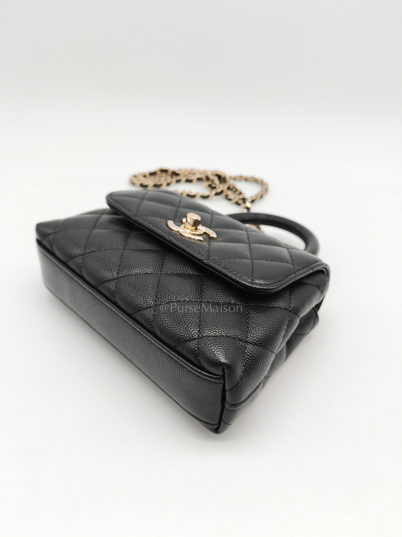 Chanel Mini Coco Handle in Black Quilted Caviar Leather and Light Gold Hardware Microchip | Purse Maison Luxury Bags Shop