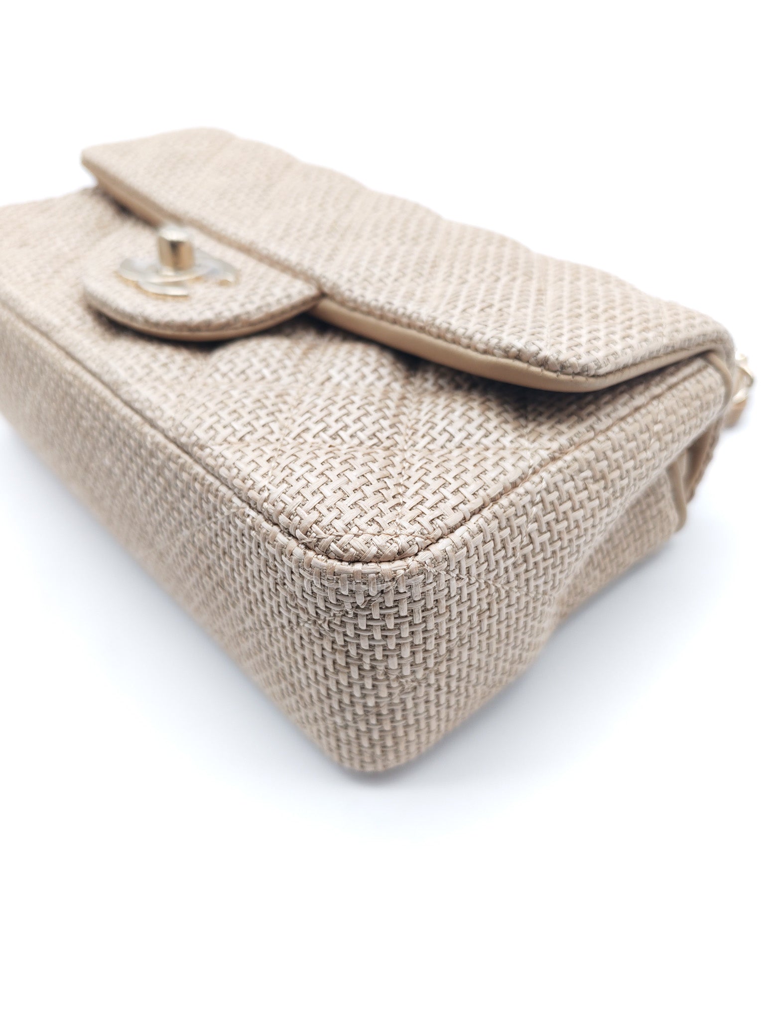 Mini Flap Bag in Dark Beige Raffia & Light Gold Hardware Microchip | Purse Maison Luxury Bags Shop