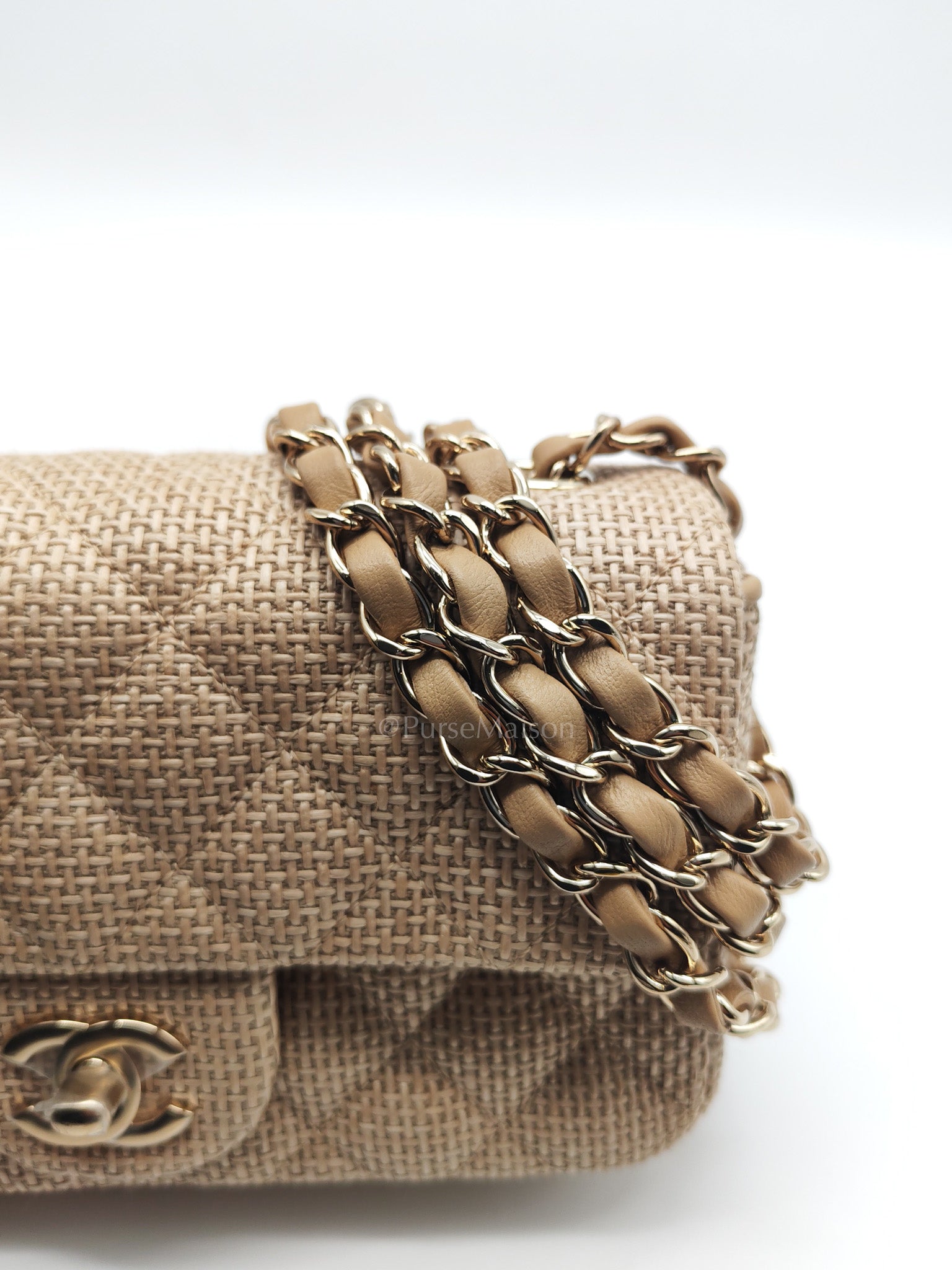 Mini Flap Bag in Dark Beige Raffia & Light Gold Hardware Microchip | Purse Maison Luxury Bags Shop