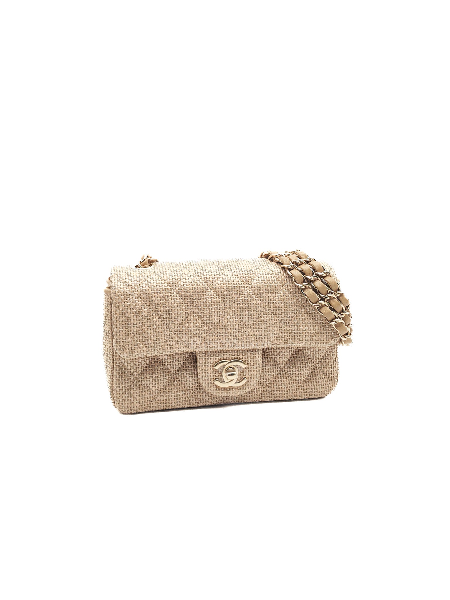 Mini Flap Bag in Dark Beige Raffia & Light Gold Hardware Microchip | Purse Maison Luxury Bags Shop