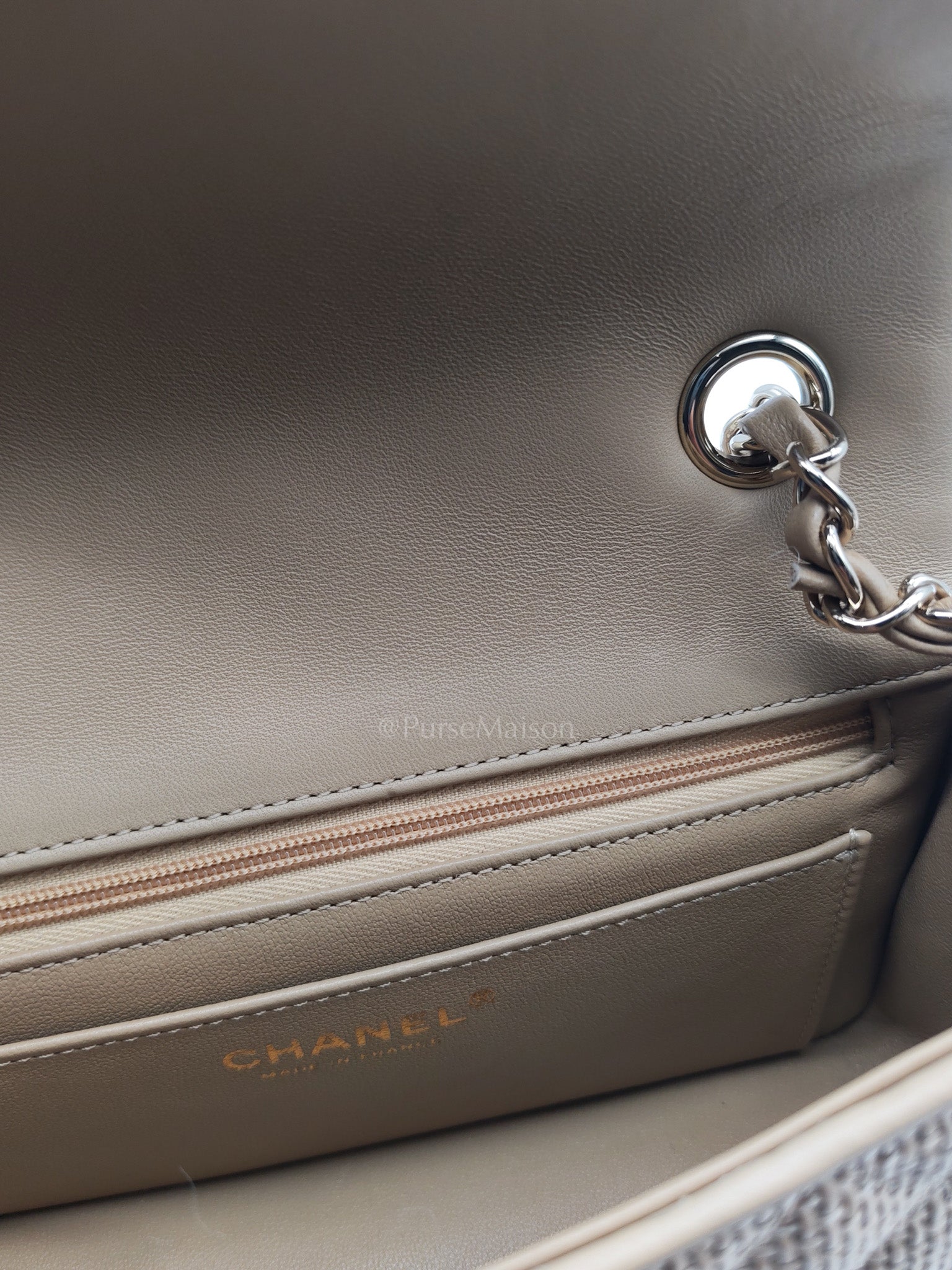 Mini Flap Bag in Dark Beige Raffia & Light Gold Hardware Microchip | Purse Maison Luxury Bags Shop