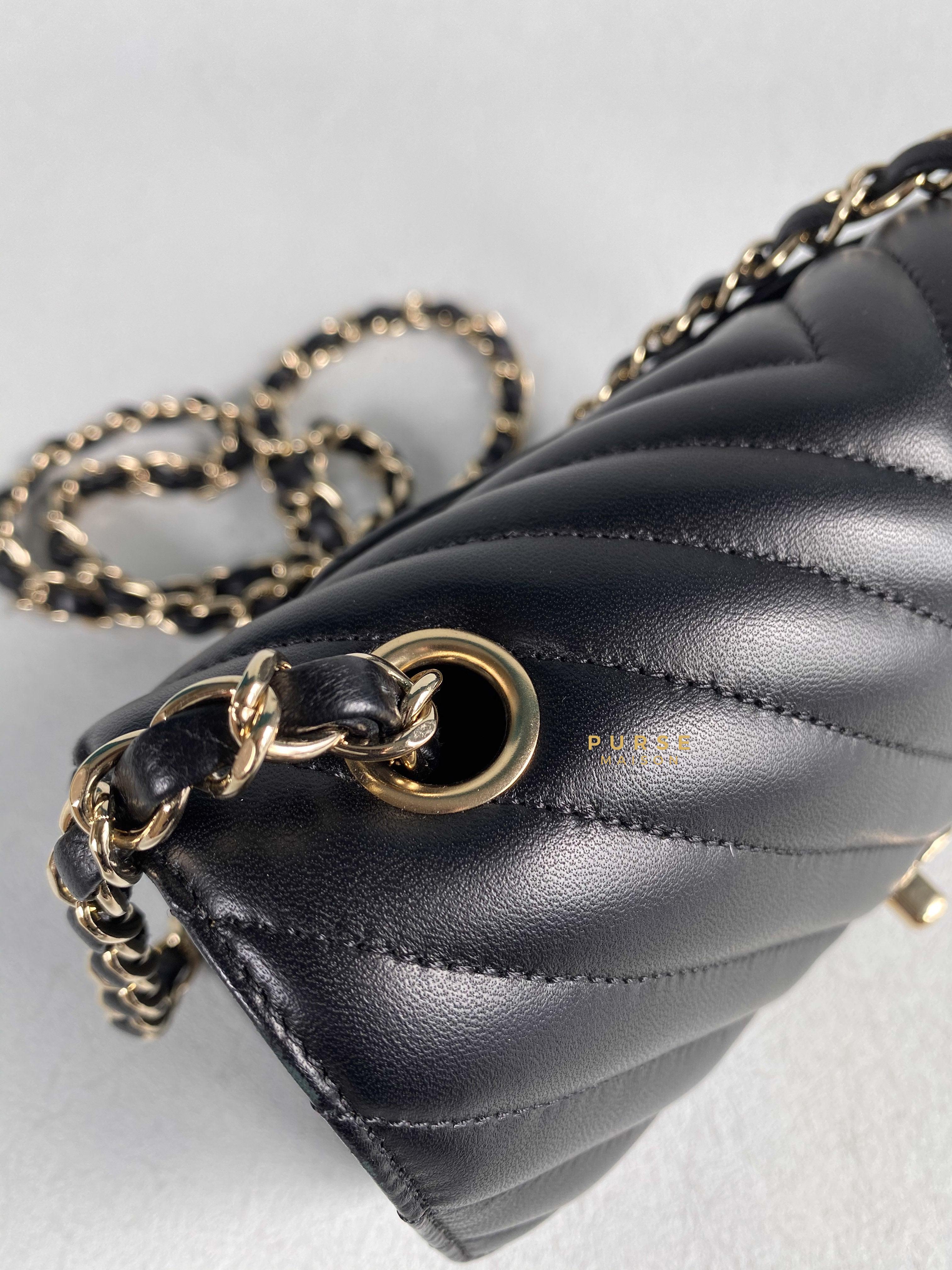 Chanel Mini Rectangle Black Chevron Lambskin and Light Gold Hardware Series 23 | Purse Maison Luxury Bags Shop
