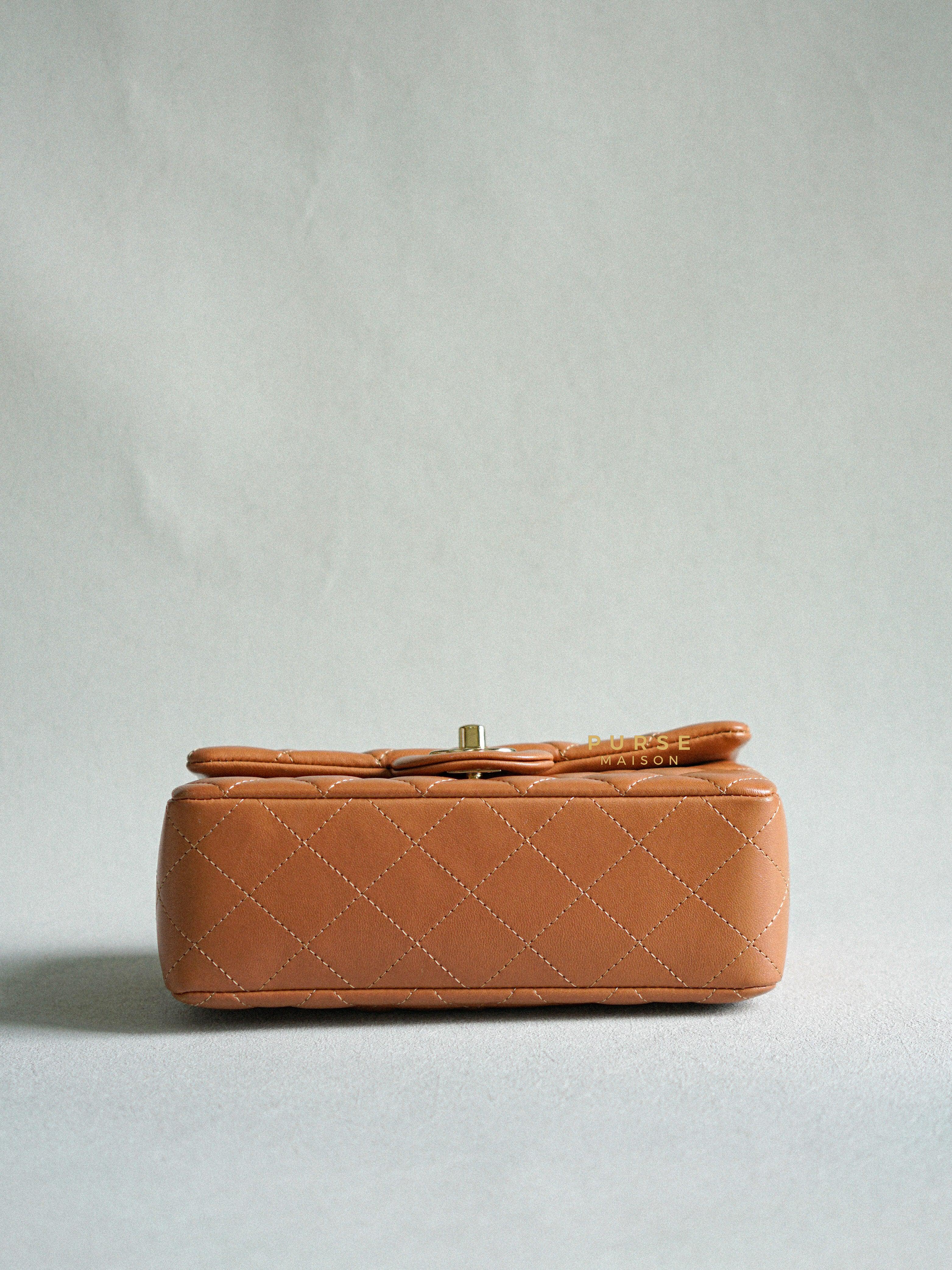 Chanel Mini Rectangle Caramel Lambskin & Light Gold Hardware Series 30 | Purse Maison Luxury Bags Shop
