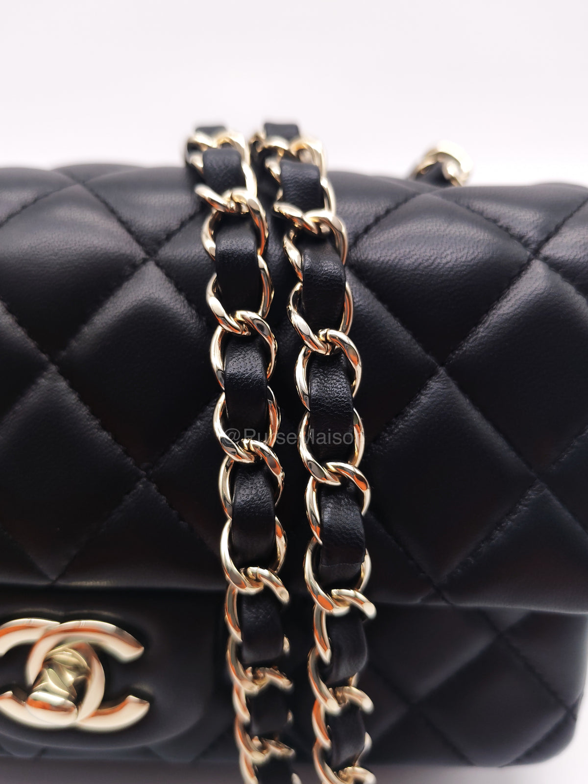 Chanel Mini Rectangle in Black Lambskin Leather Light Gold Hardware(Microchip) | Purse Maison Luxury Bags Shop