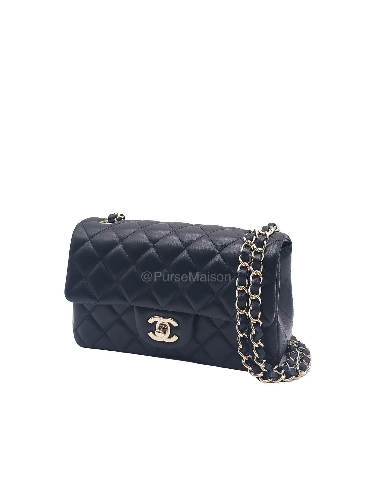 Chanel Mini Rectangle in Black Lambskin Leather Light Gold Hardware(Microchip) | Purse Maison Luxury Bags Shop