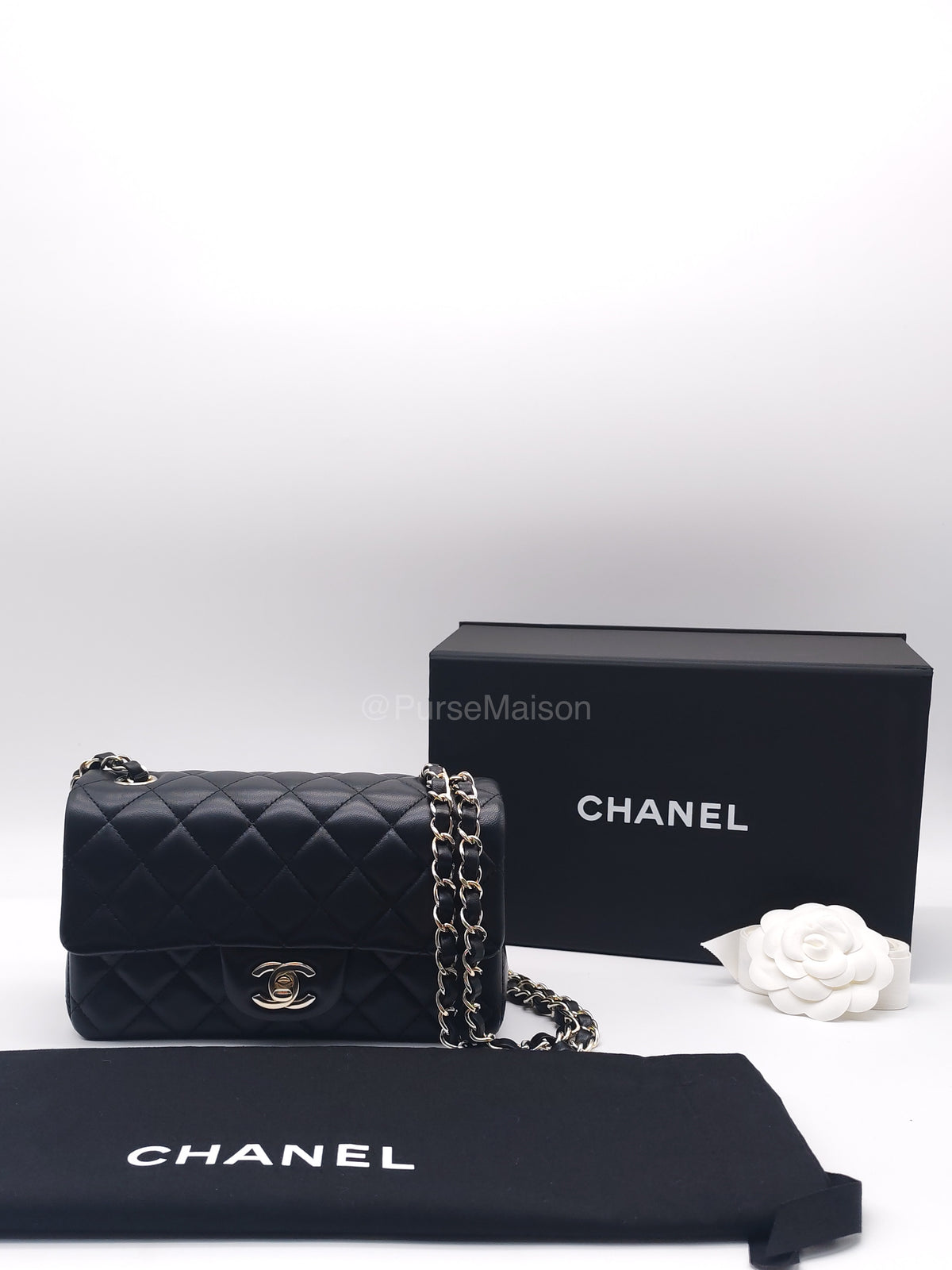 Chanel Mini Rectangle in Black Lambskin Leather Light Gold Hardware(Microchip) | Purse Maison Luxury Bags Shop