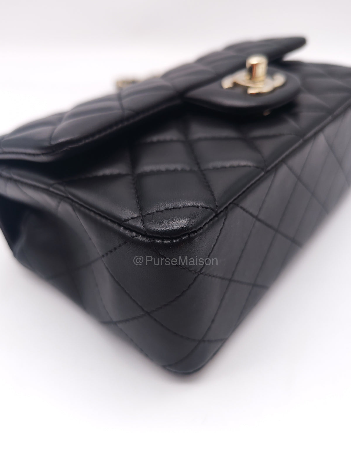 Chanel Mini Rectangle in Black Lambskin Leather Light Gold Hardware(Microchip) | Purse Maison Luxury Bags Shop