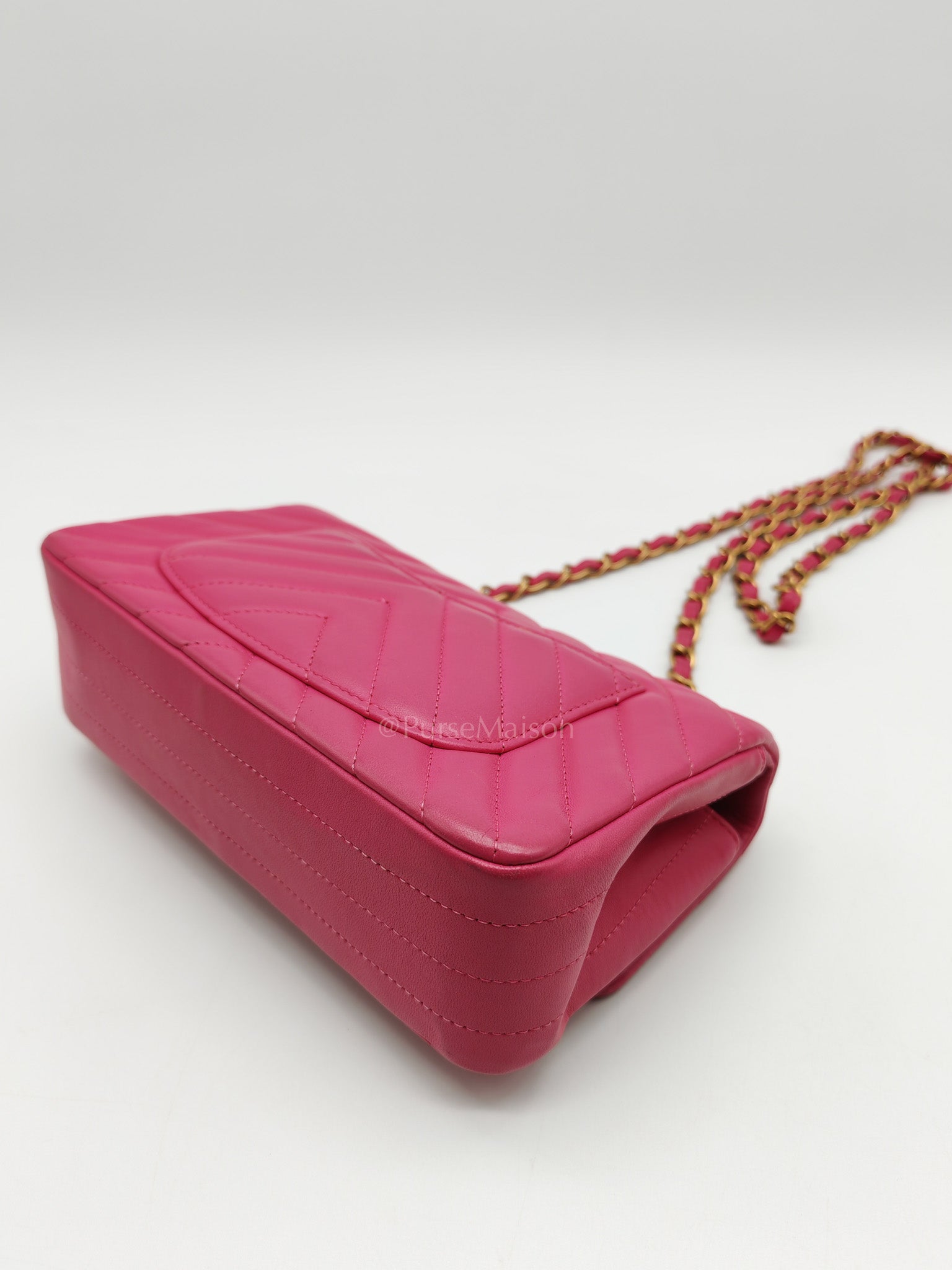 Mini Rectangle in Pink Chevron Quilted Lambskin Leather in Gold Hardware (Series 21) | Purse Maison Luxury Bags Shop