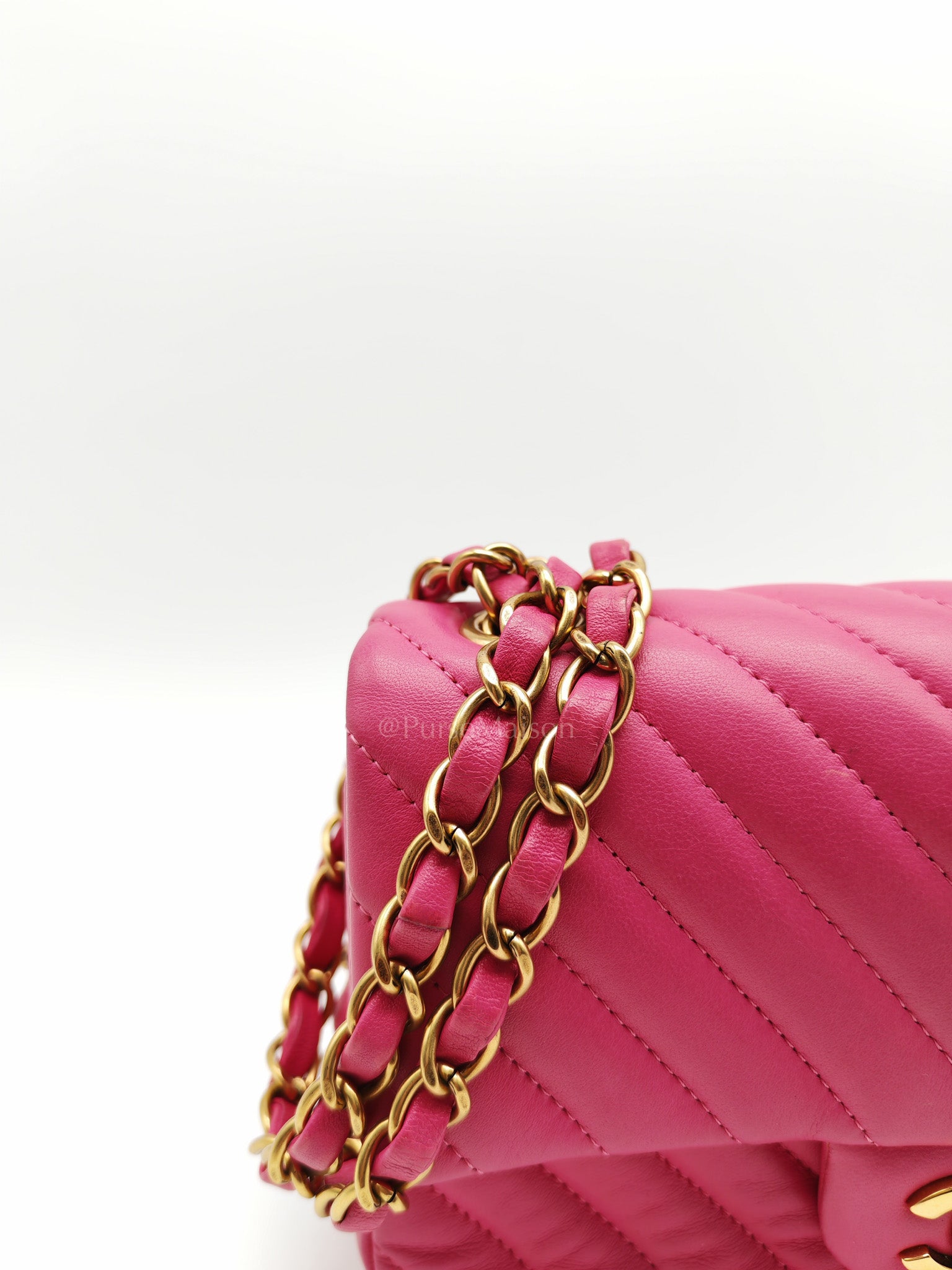 Mini Rectangle in Pink Chevron Quilted Lambskin Leather in Gold Hardware (Series 21) | Purse Maison Luxury Bags Shop